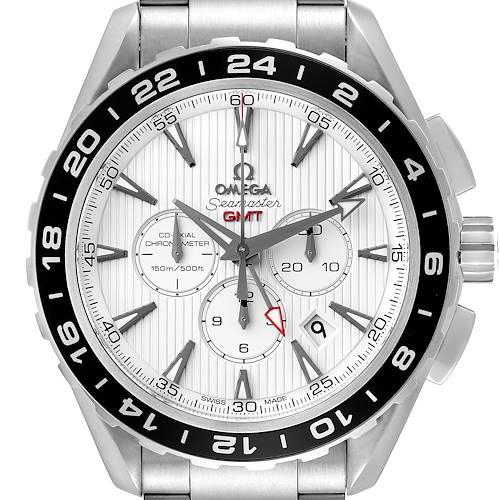 The image shows a front view of the Omega Seamaster GMT watch, showcasing its dial, hands, bezel, and chronograph sub-dials.