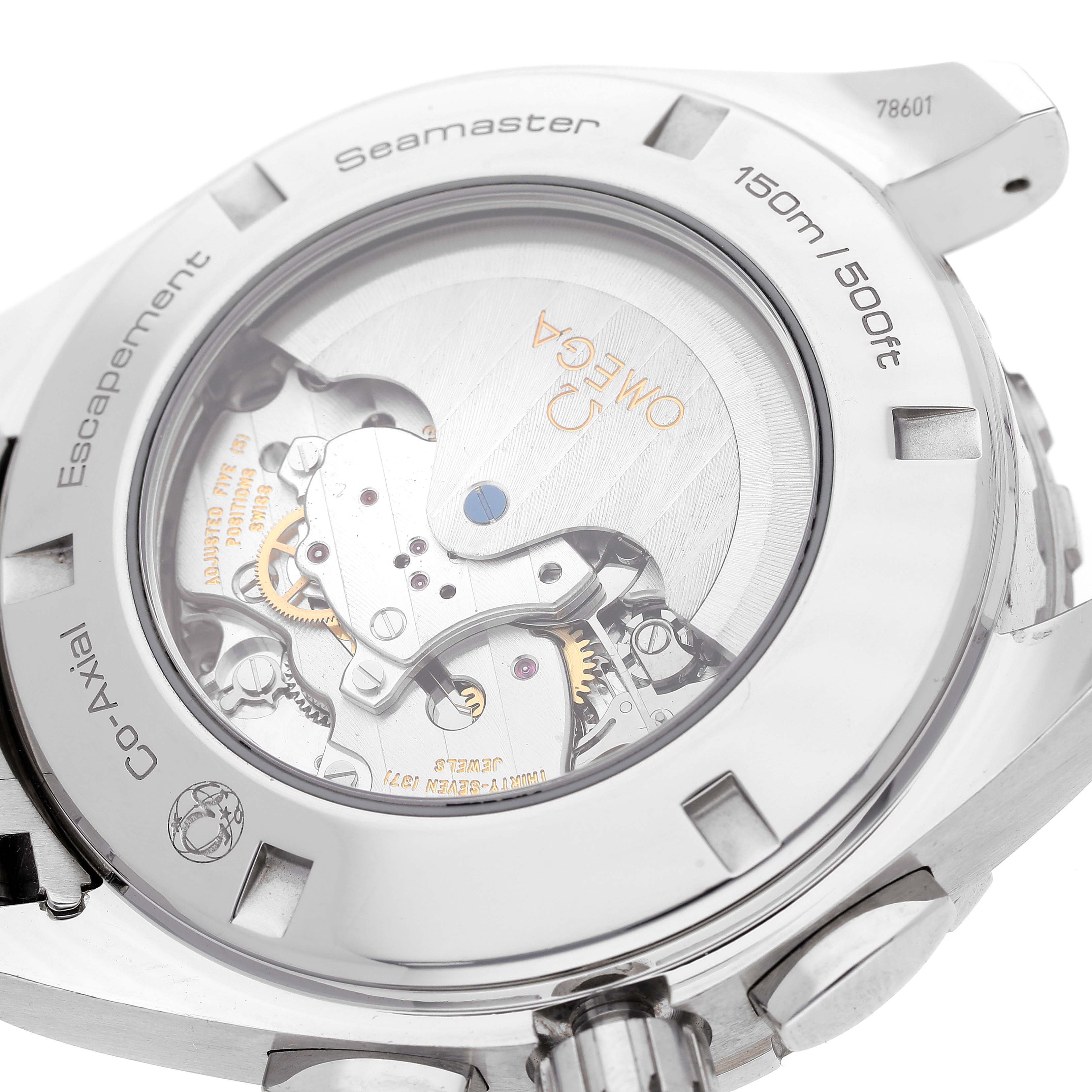 The image shows the back view of the Omega Seamaster 231.10.44.52.04.001 Men's Stainless Steel White Dial 231.10.44.52.04.001 Men's Stainless Steel White Dial watch, highlighting its intricate mechanical movement and co-axial escapement.