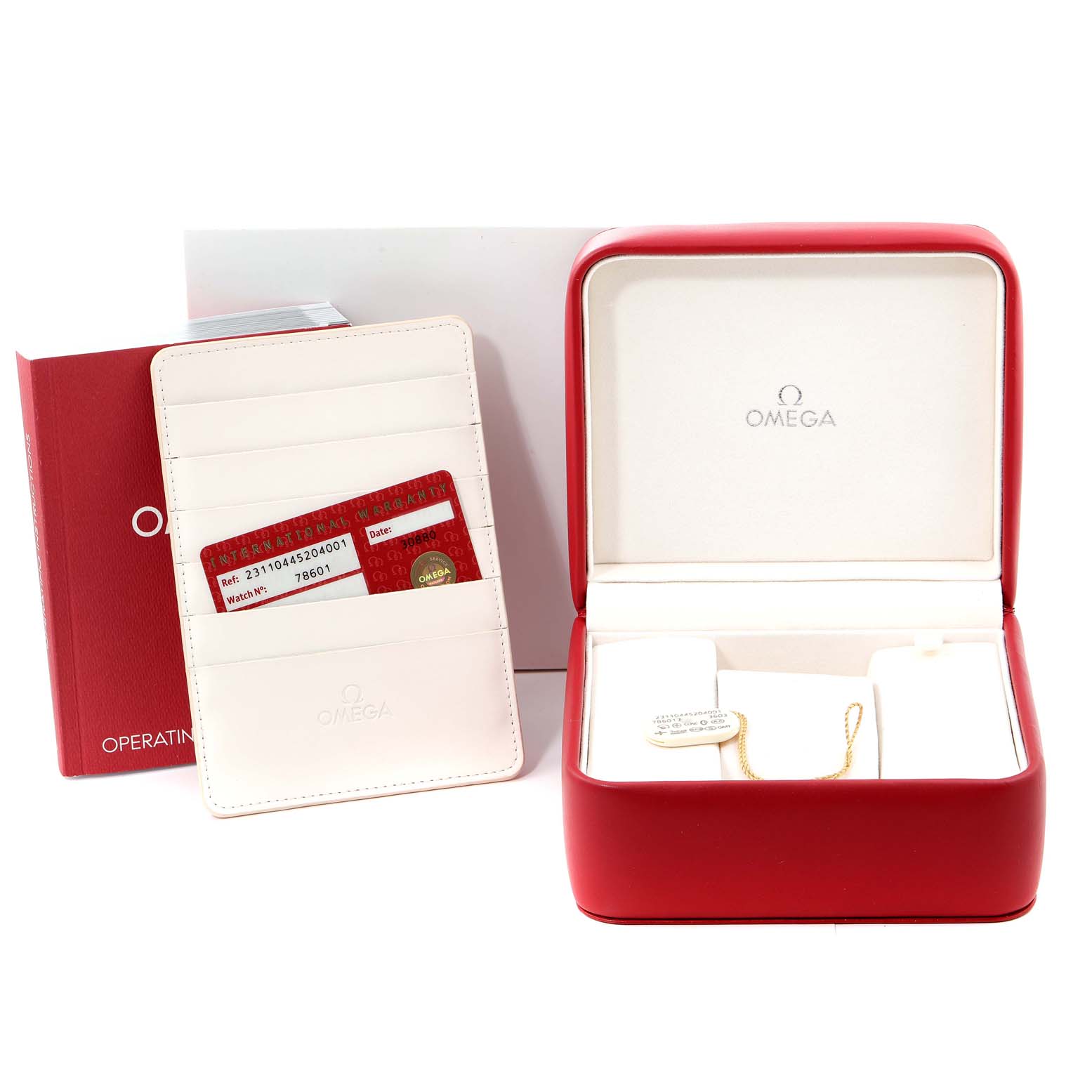 This image shows the accessories for an Omega Seamaster 231.10.44.52.04.001 Men's Stainless Steel White Dial 231.10.44.52.04.001 Men's Stainless Steel White Dial watch, including the box, warranty cards, and operating instructions manual.