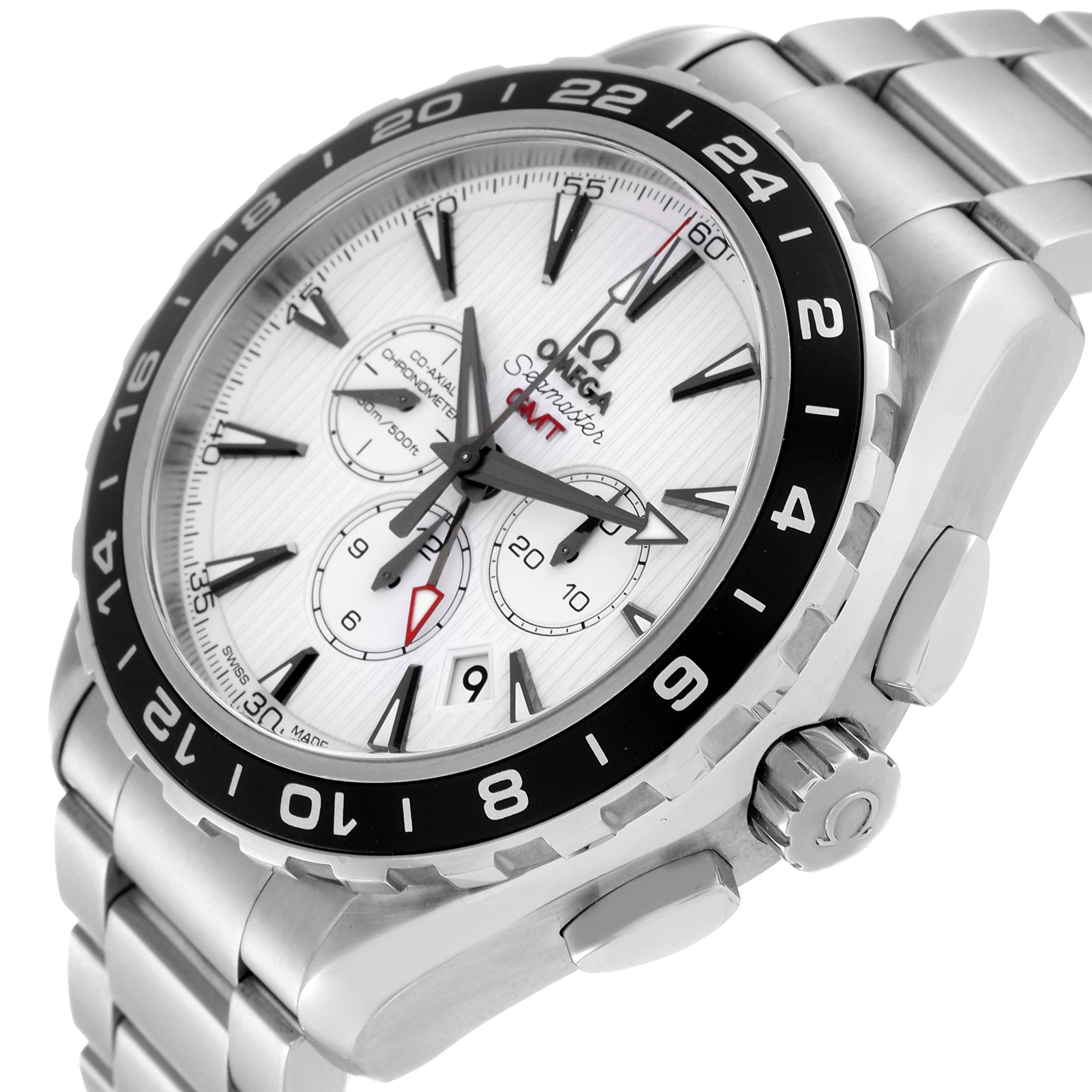 The image shows an angled view of the Omega Seamaster 231.10.44.52.04.001 Men's Stainless Steel White Dial 231.10.44.52.04.001 Men's Stainless Steel White Dial watch, highlighting its dial, bezel, and stainless steel bracelet.