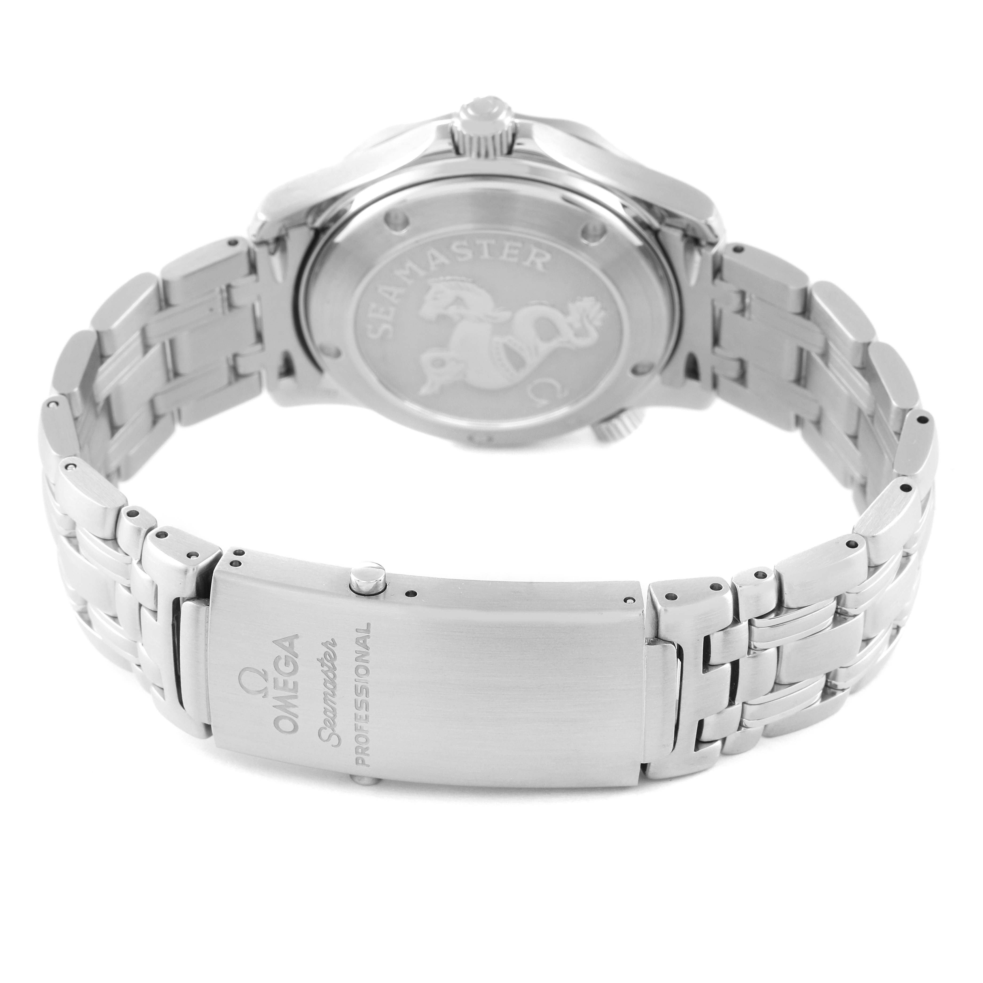 This image shows the back and clasp of an Omega Seamaster 2222.80.00 Men's Stainless Steel Blue Dial 2222.80.00 Men's Stainless Steel Blue Dial watch, highlighting its stainless steel bracelet and engraved case back.