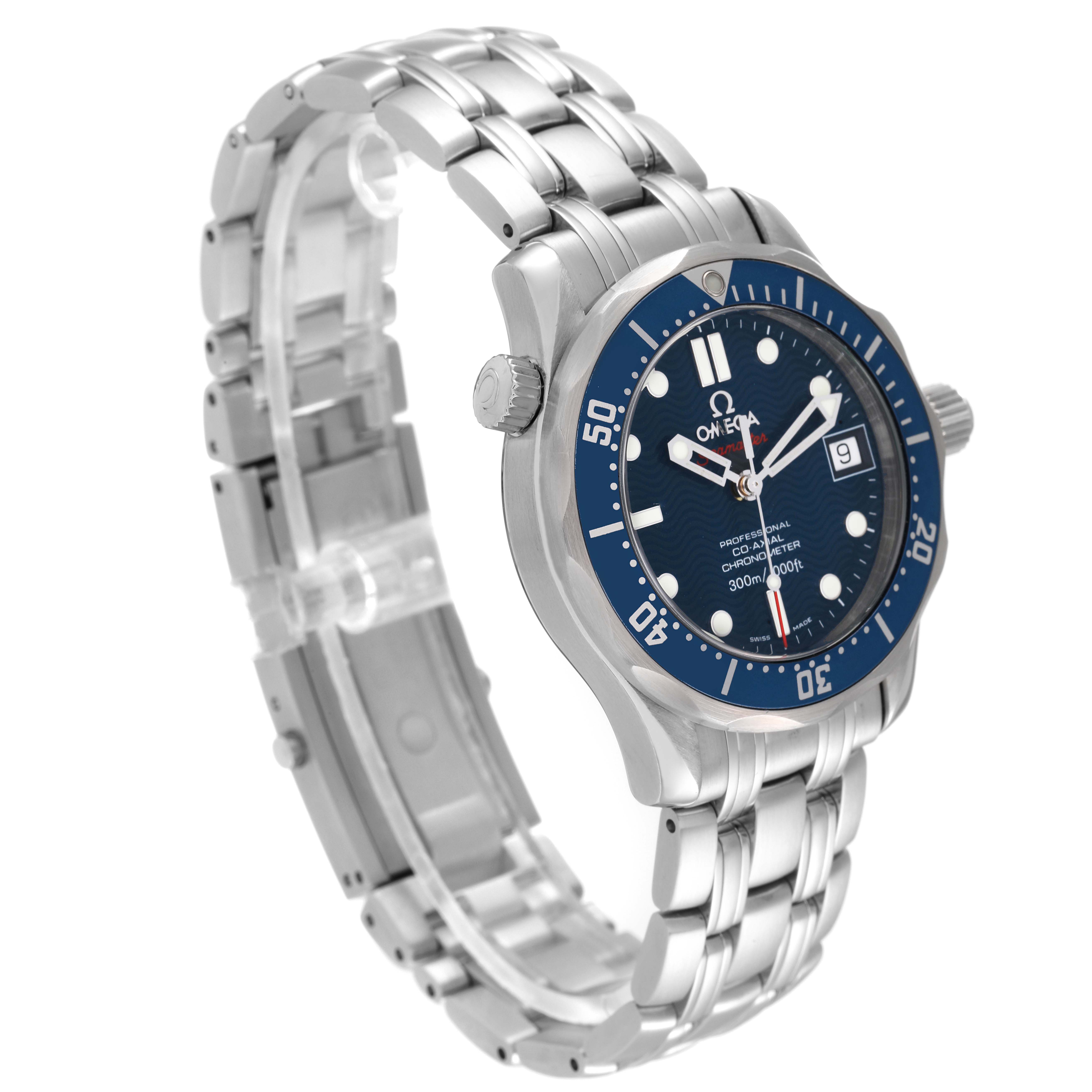 The image shows a partial side angle of an Omega Seamaster 2222.80.00 Men's Stainless Steel Blue Dial 2222.80.00 Men's Stainless Steel Blue Dial watch with a stainless steel bracelet and blue dial.