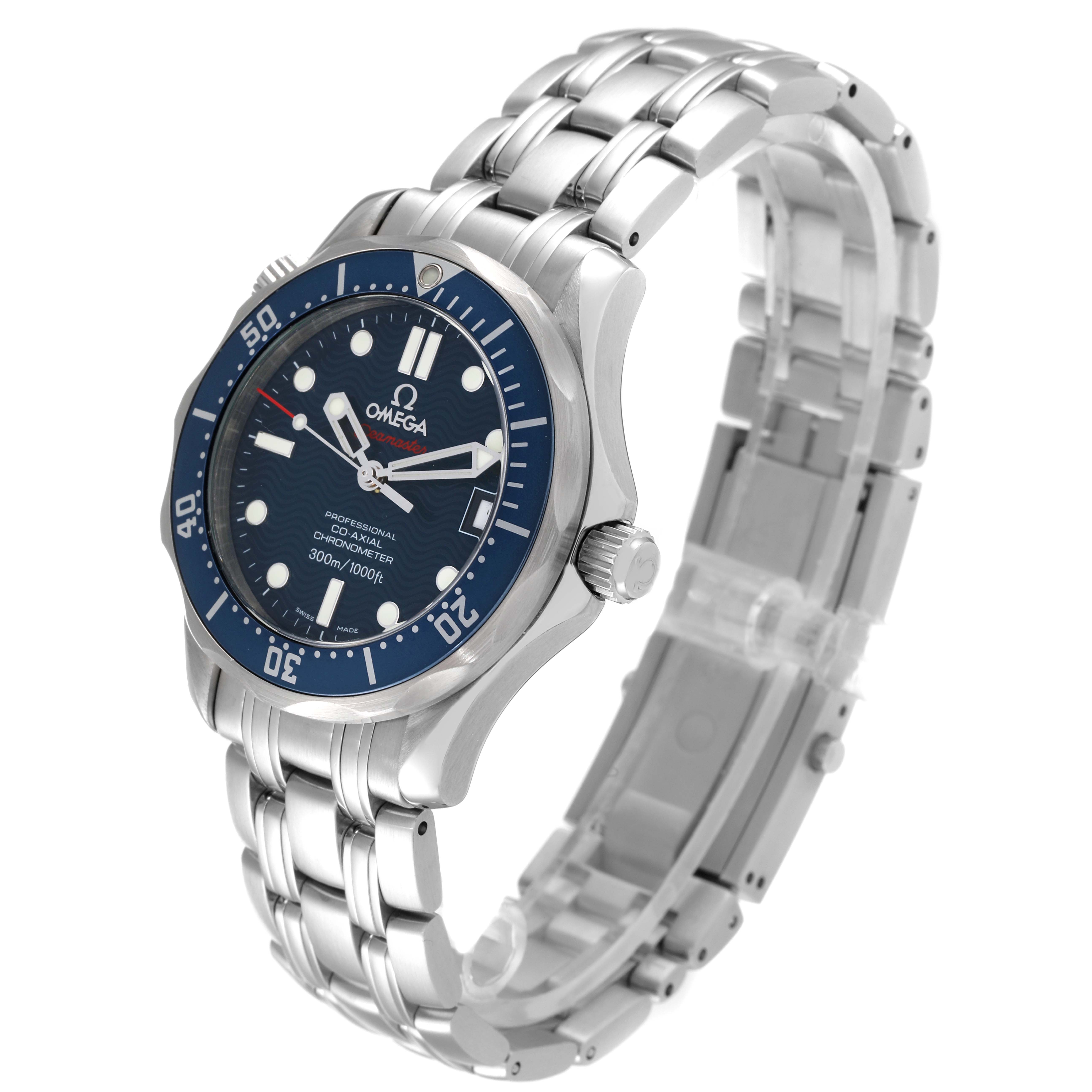 This image shows the Omega Seamaster 2222.80.00 Men's Stainless Steel Blue Dial 2222.80.00 Men's Stainless Steel Blue Dial watch at a three-quarter angle, highlighting its face, bezel, case, and bracelet.