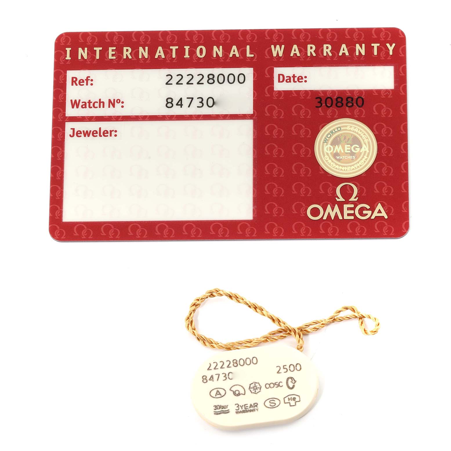 The image shows an Omega Seamaster 2222.80.00 Men's Stainless Steel Blue Dial 2222.80.00 Men's Stainless Steel Blue Dial International Warranty card and a hang tag with model and reference numbers.