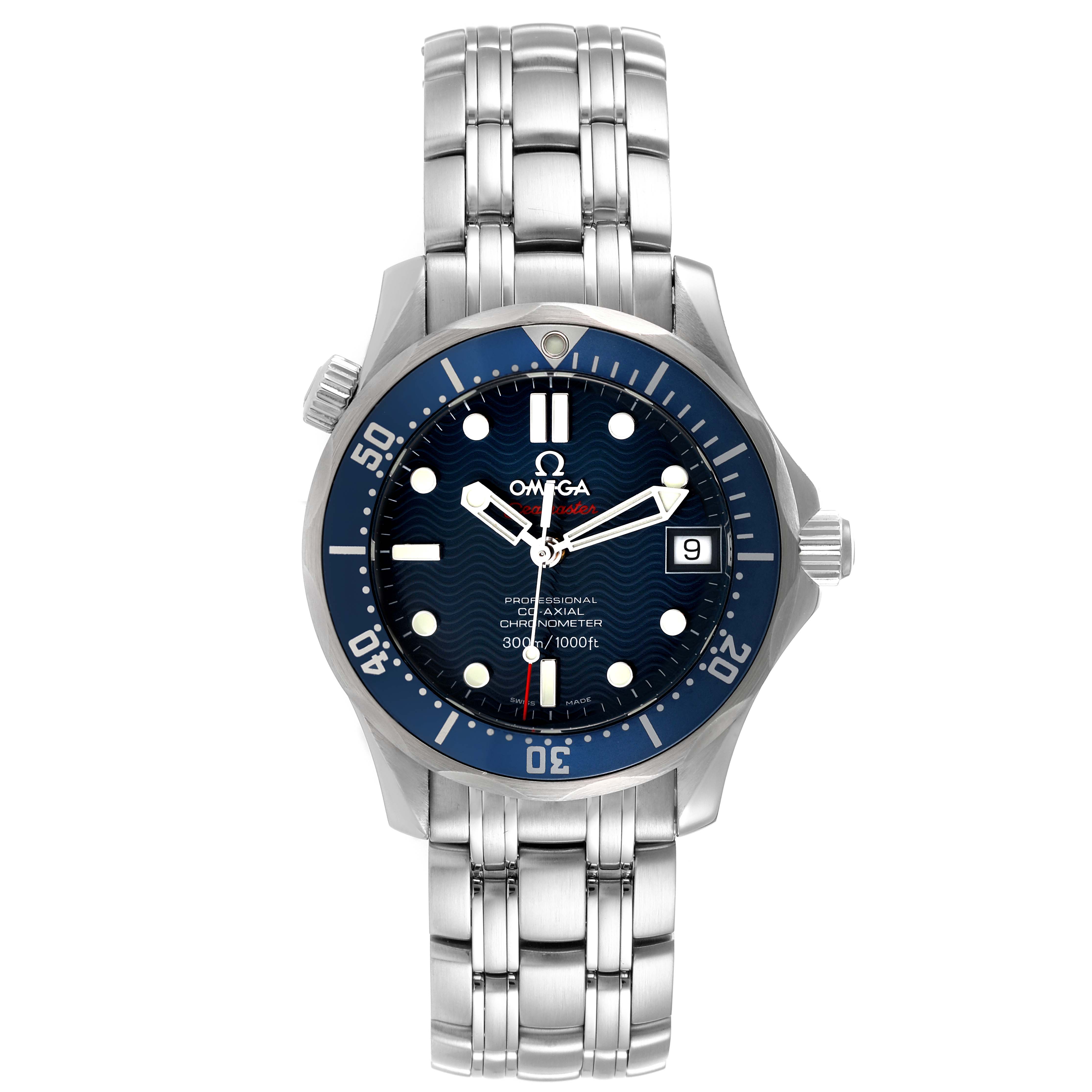 The Omega Seamaster 2222.80.00 Men's Stainless Steel Blue Dial 2222.80.00 Men's Stainless Steel Blue Dial watch is shown from the front, displaying its blue dial, bezel, stainless steel bracelet, and crown.