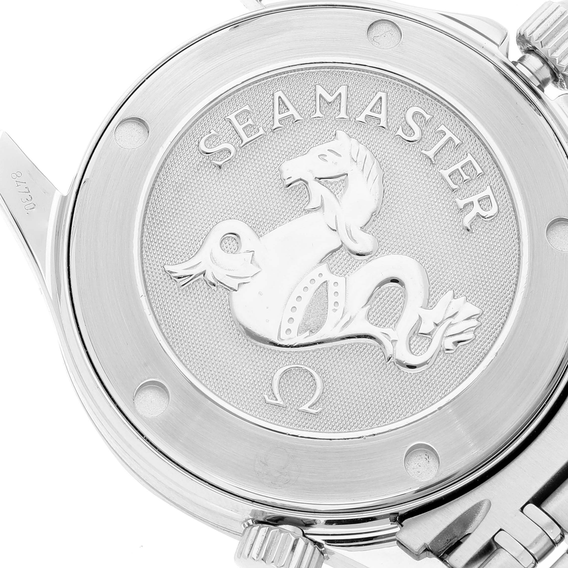 The image shows the case back of an Omega Seamaster 2222.80.00 Men's Stainless Steel Blue Dial 2222.80.00 Men's Stainless Steel Blue Dial watch viewed from an overhead angle.