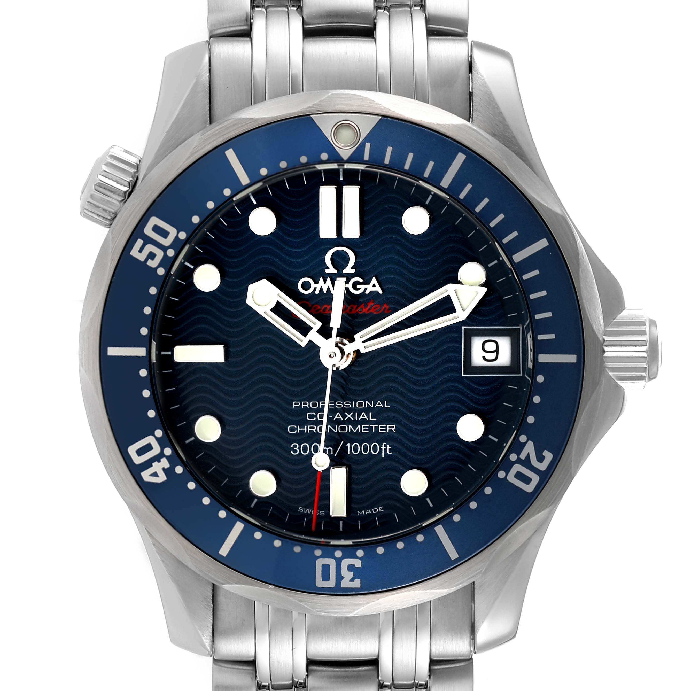 The image shows a front view of the Omega Seamaster 2222.80.00 Men's Stainless Steel Blue Dial 2222.80.00 Men's Stainless Steel Blue Dial watch, highlighting its blue dial, bezel, hands, and stainless steel bracelet.