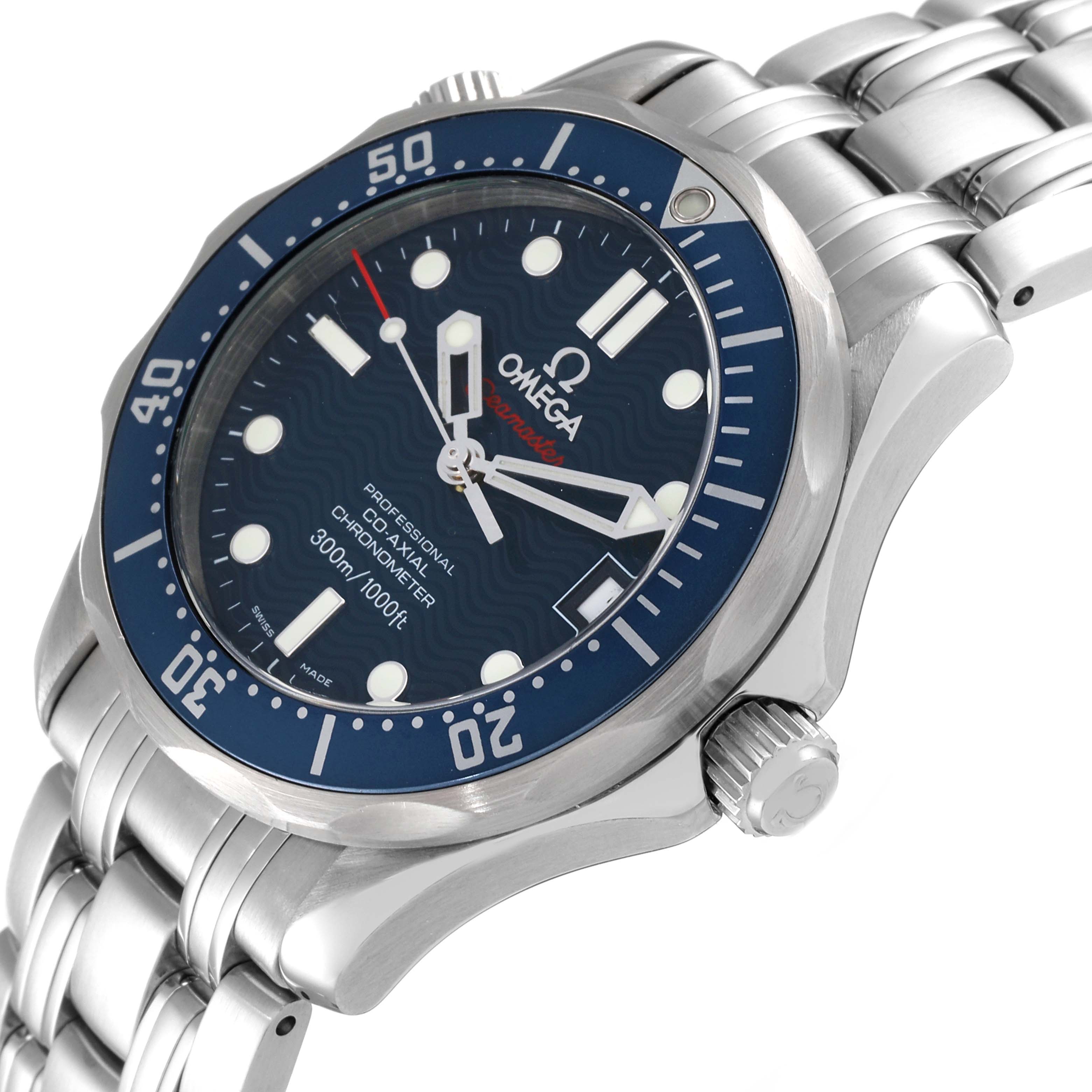 The Omega Seamaster 2222.80.00 Men's Stainless Steel Blue Dial 2222.80.00 Men's Stainless Steel Blue Dial watch is shown from an angled side view, highlighting its blue bezel, dial, and stainless steel bracelet.