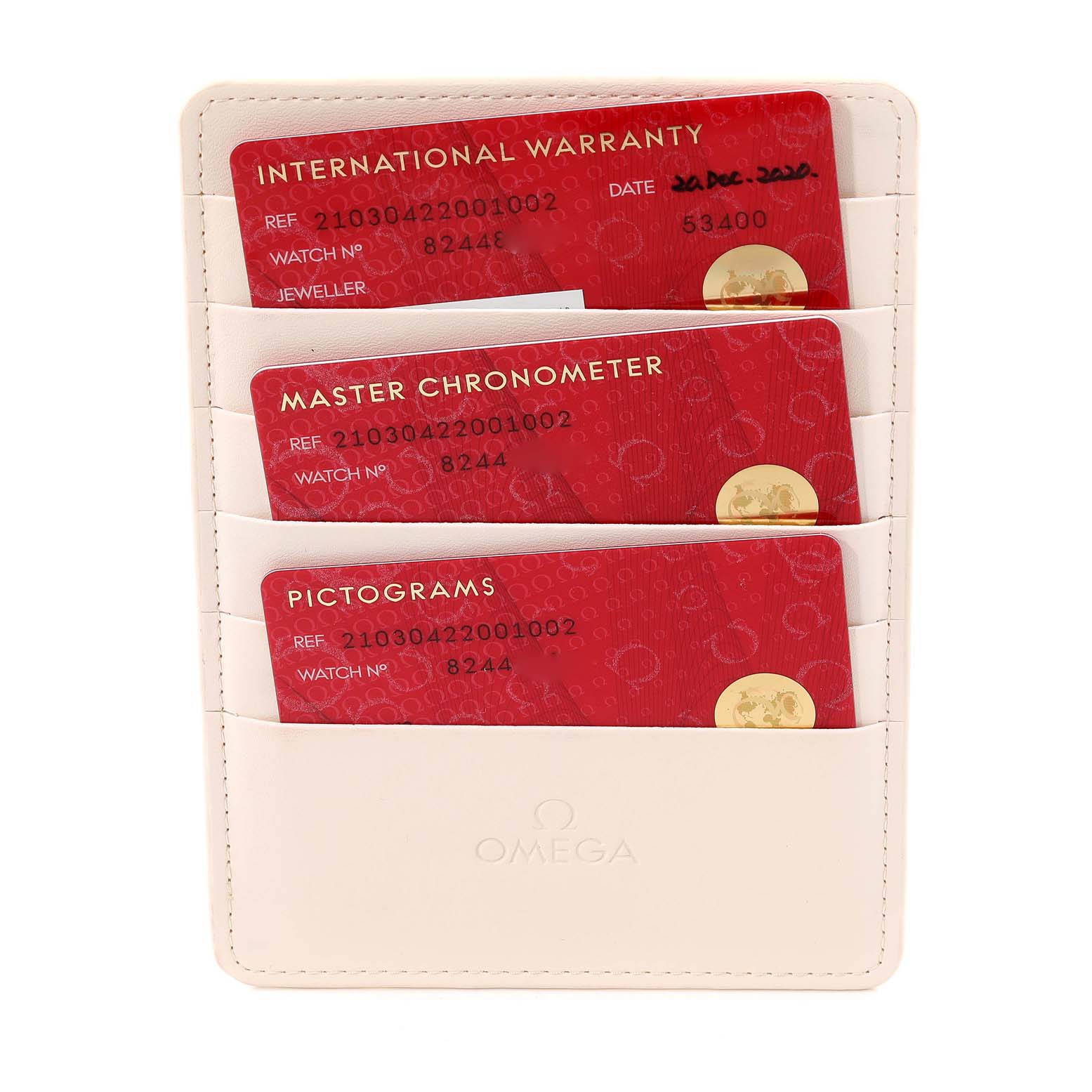 The image shows warranty cards for an Omega Seamaster 210.30.42.20.01.002 Men
s Stainless Steel Black Dial 210.30.42.20.01.002 Men
s Stainless Steel Black Dial in a white Omega cardholder.