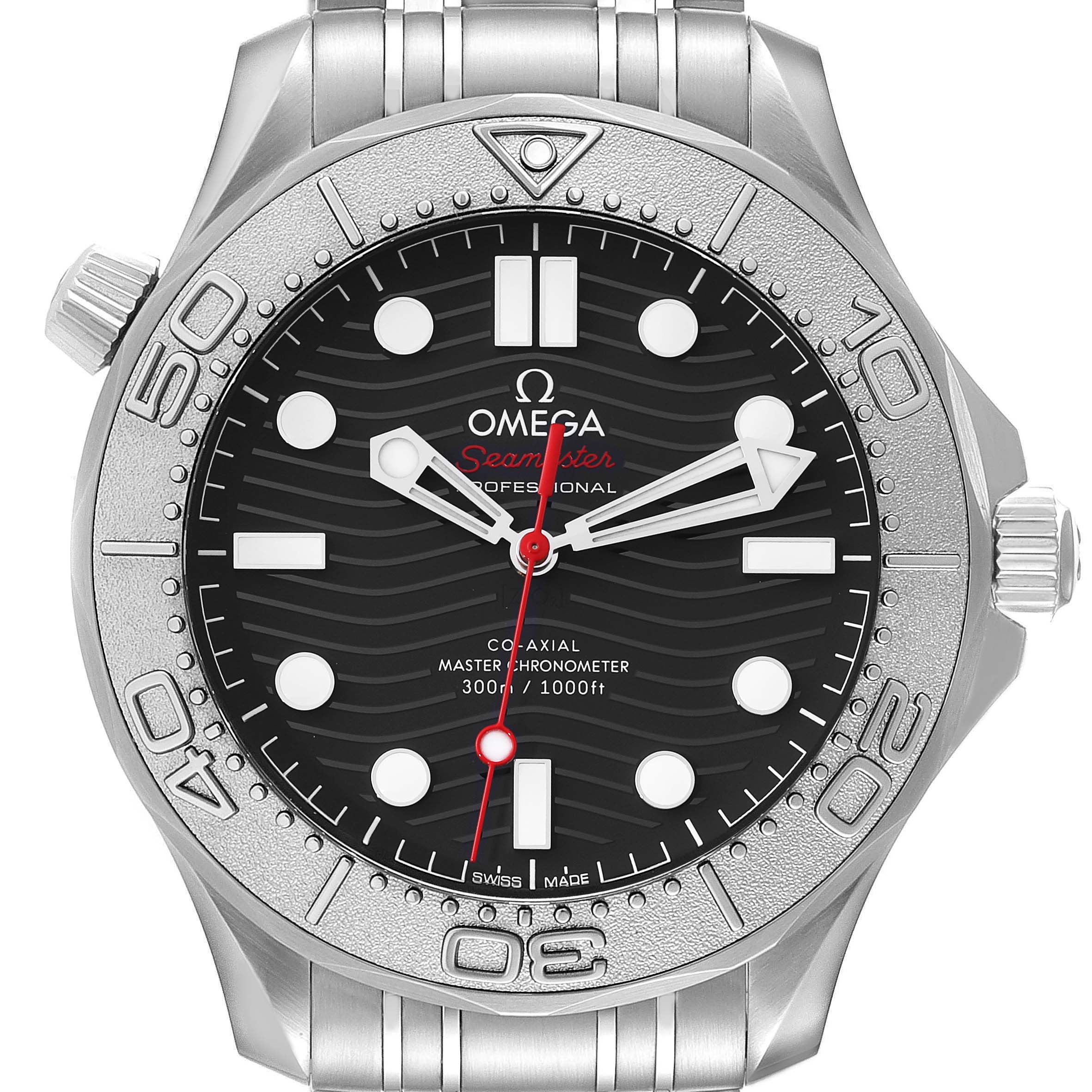 The Omega Seamaster 210.30.42.20.01.002 Men
s Stainless Steel Black Dial 210.30.42.20.01.002 Men
s Stainless Steel Black Dial watch is shown from a front angle, displaying its face, bezel, hands, and part of the bracelet.