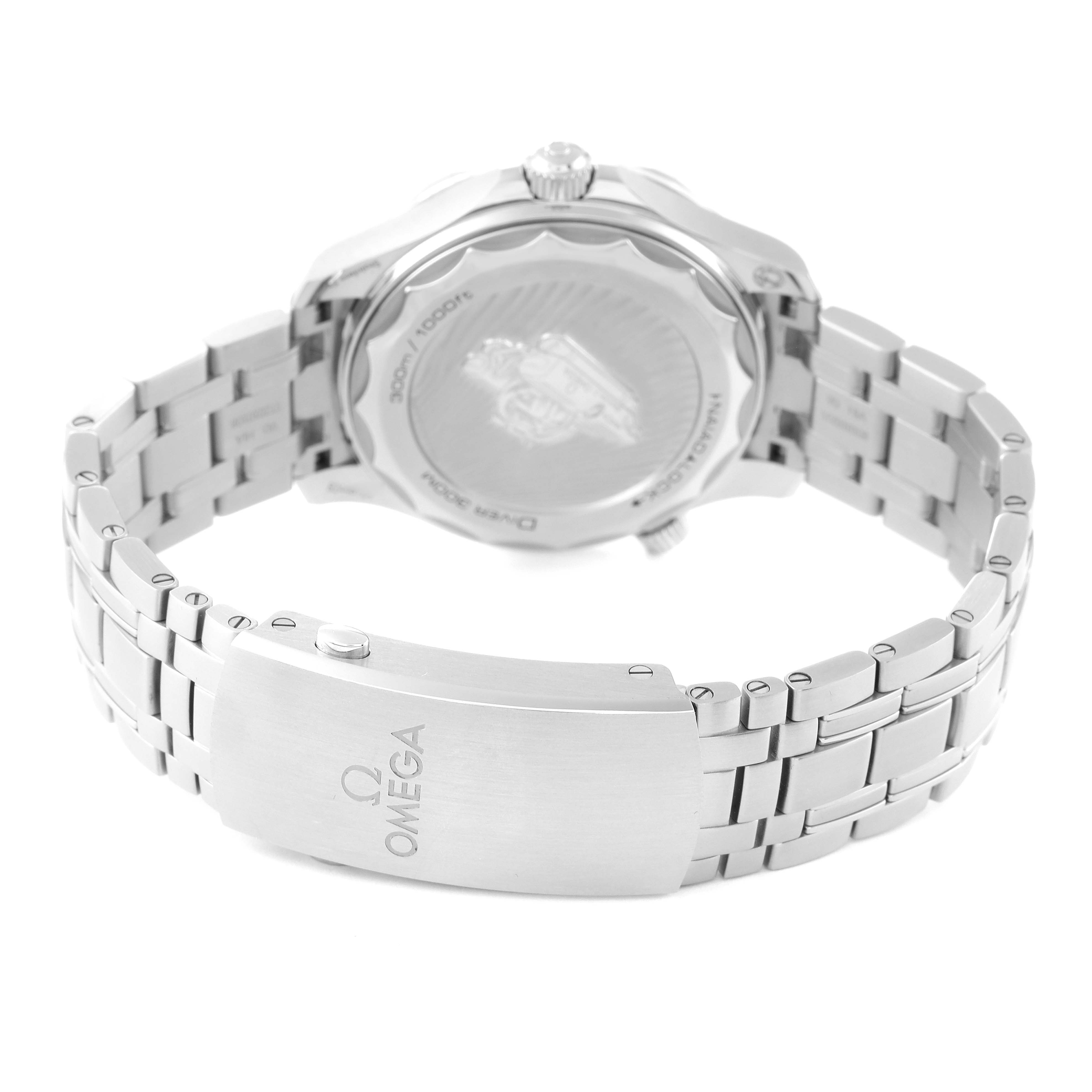 The image shows the back view of an Omega Seamaster 210.30.42.20.01.002 Men
s Stainless Steel Black Dial 210.30.42.20.01.002 Men
s Stainless Steel Black Dial watch, highlighting its clasp and bracelet.