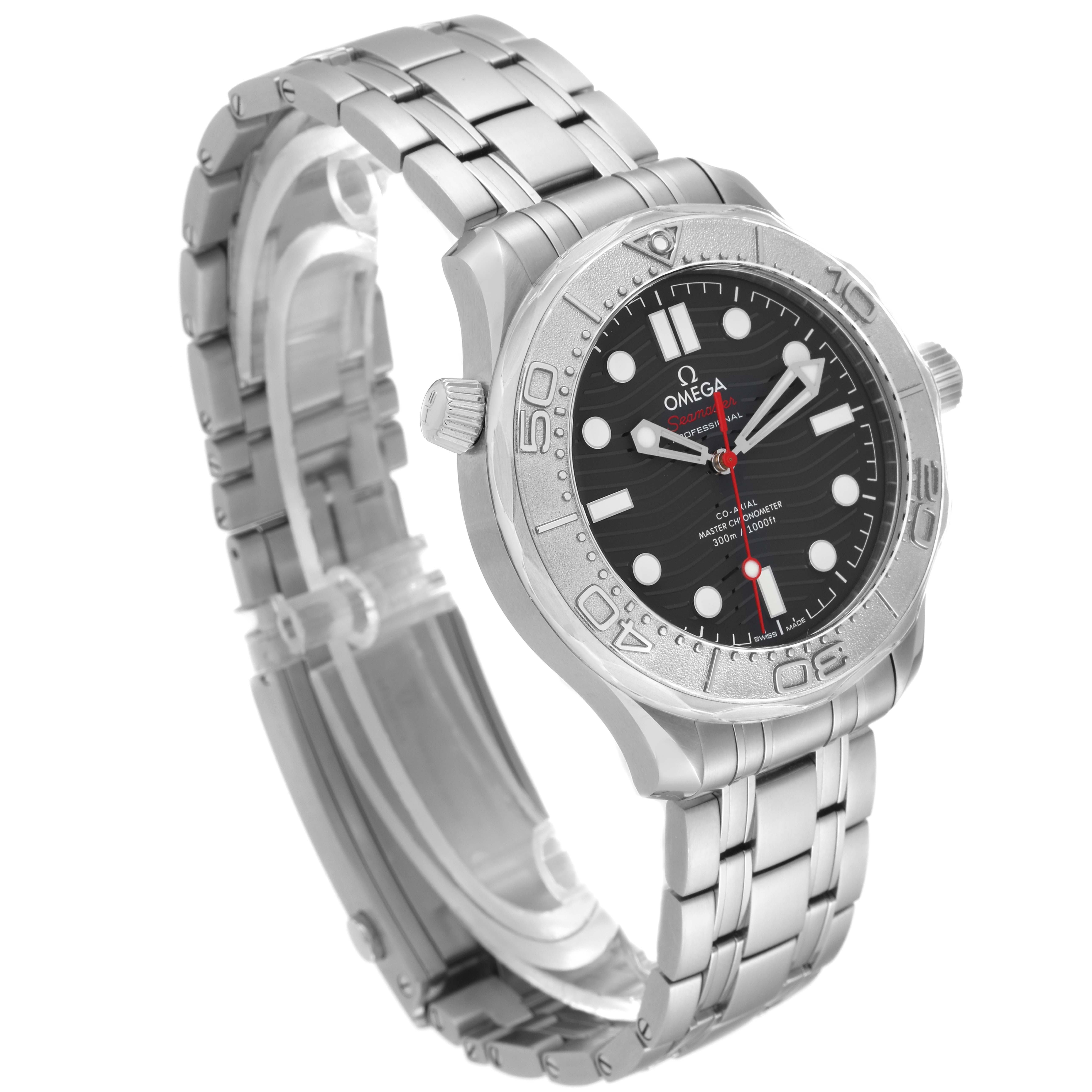 The image shows a side angle view of the Omega Seamaster 210.30.42.20.01.002 Men
s Stainless Steel Black Dial 210.30.42.20.01.002 Men
s Stainless Steel Black Dial watch, highlighting its stainless steel bracelet and round black dial.