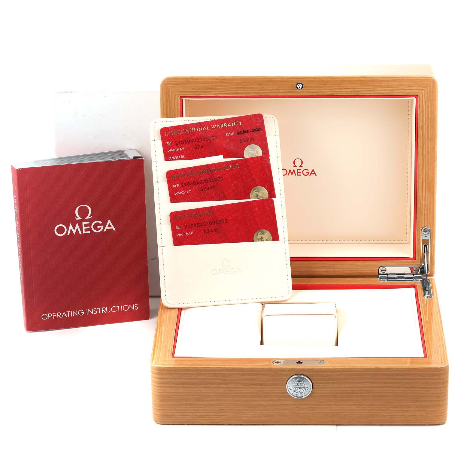 The image shows the packaging, warranty cards, and manual for the Omega Seamaster 210.30.42.20.01.002 Men
s Stainless Steel Black Dial 210.30.42.20.01.002 Men
s Stainless Steel Black Dial model.