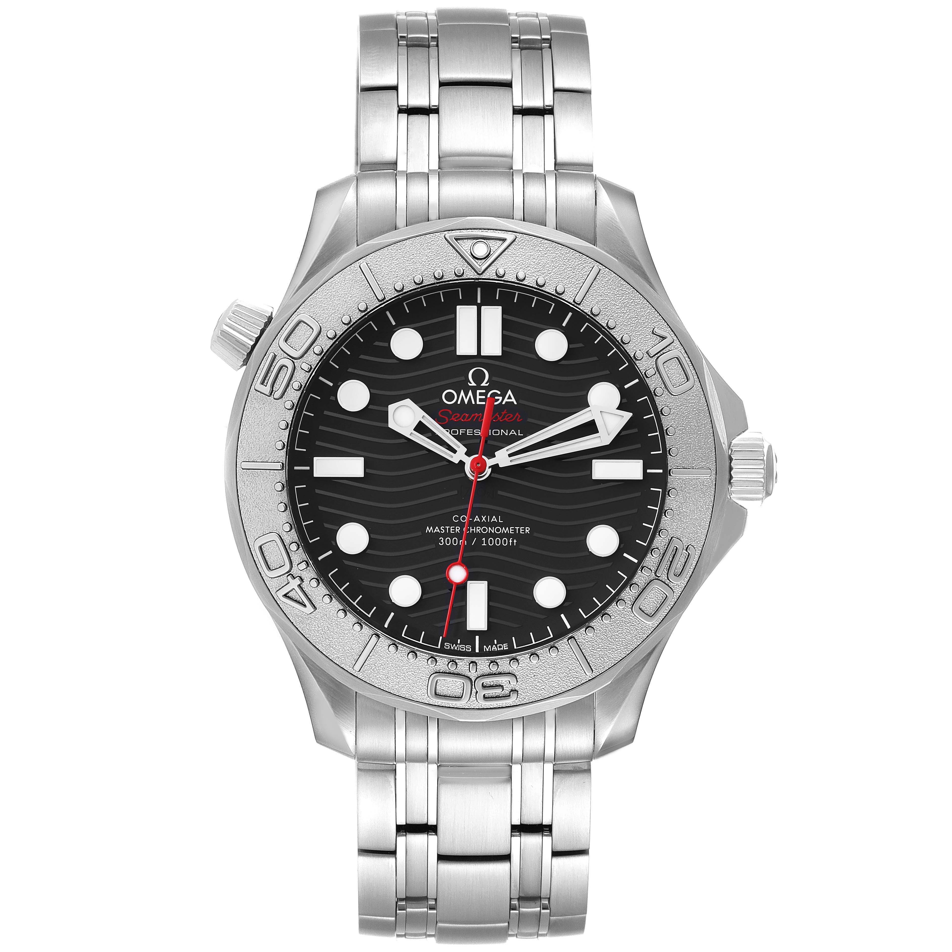The image shows a front view of an Omega Seamaster 210.30.42.20.01.002 Men
s Stainless Steel Black Dial 210.30.42.20.01.002 Men
s Stainless Steel Black Dial watch, displaying the face, bezel, and bracelet.