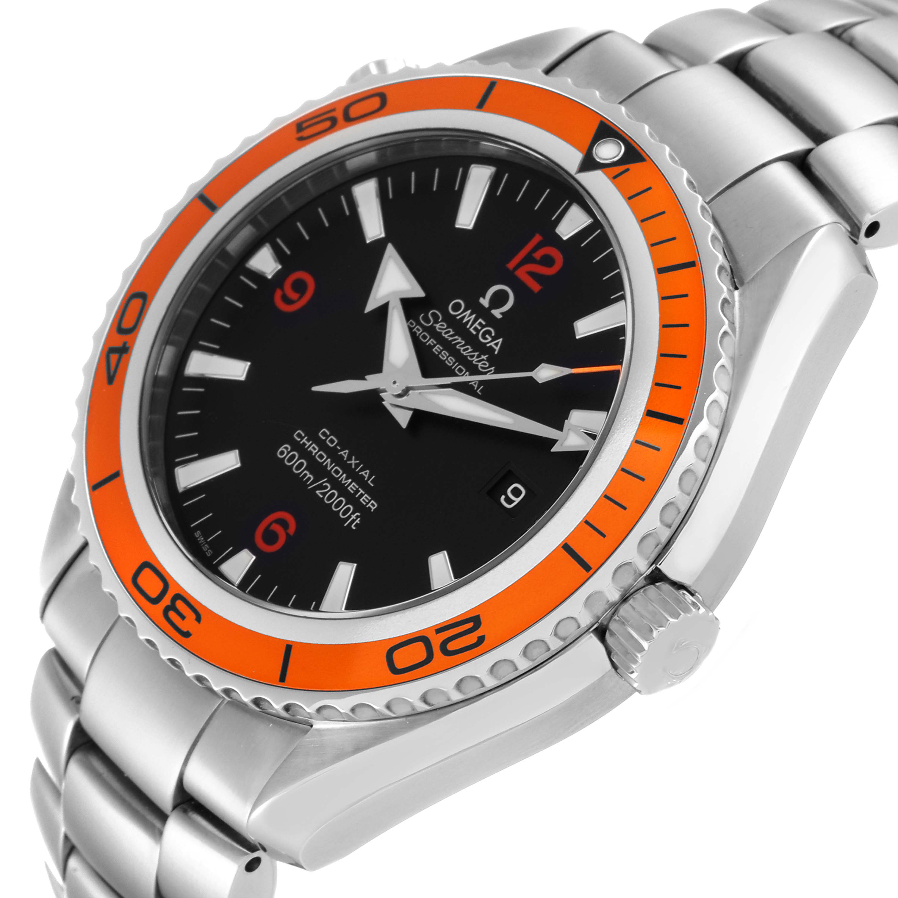 The Omega Planet Ocean 2208.50.00 Men
s Stainless Steel Black Dial 2208.50.00 Men
s Stainless Steel Black Dial watch is shown at an angled side view, highlighting its dial, orange bezel, and metal bracelet.