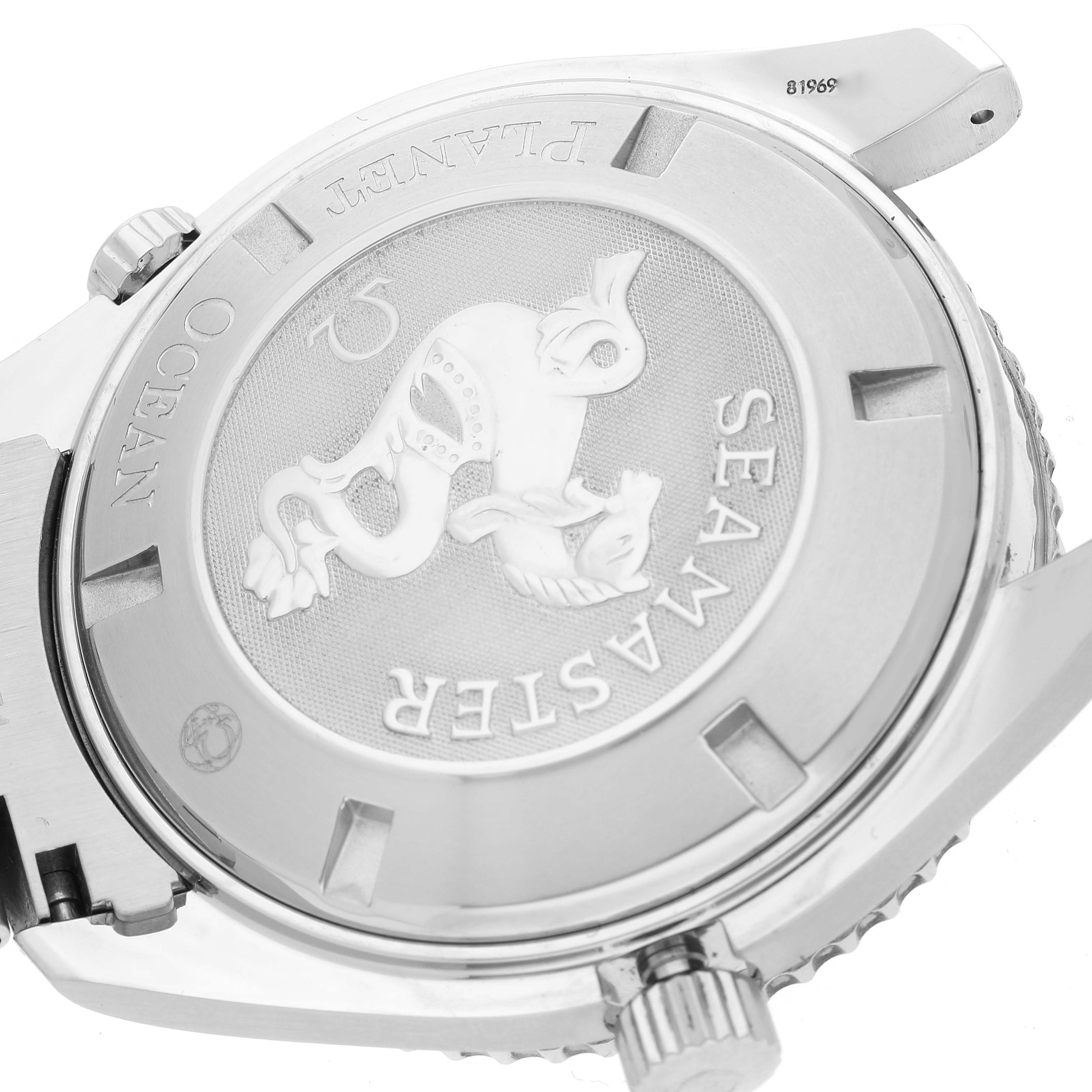 The image shows the case back of the Omega Planet Ocean 2208.50.00 Men
s Stainless Steel Black Dial 2208.50.00 Men
s Stainless Steel Black Dial watch, emphasizing the "Seamaster" engraving and logo.