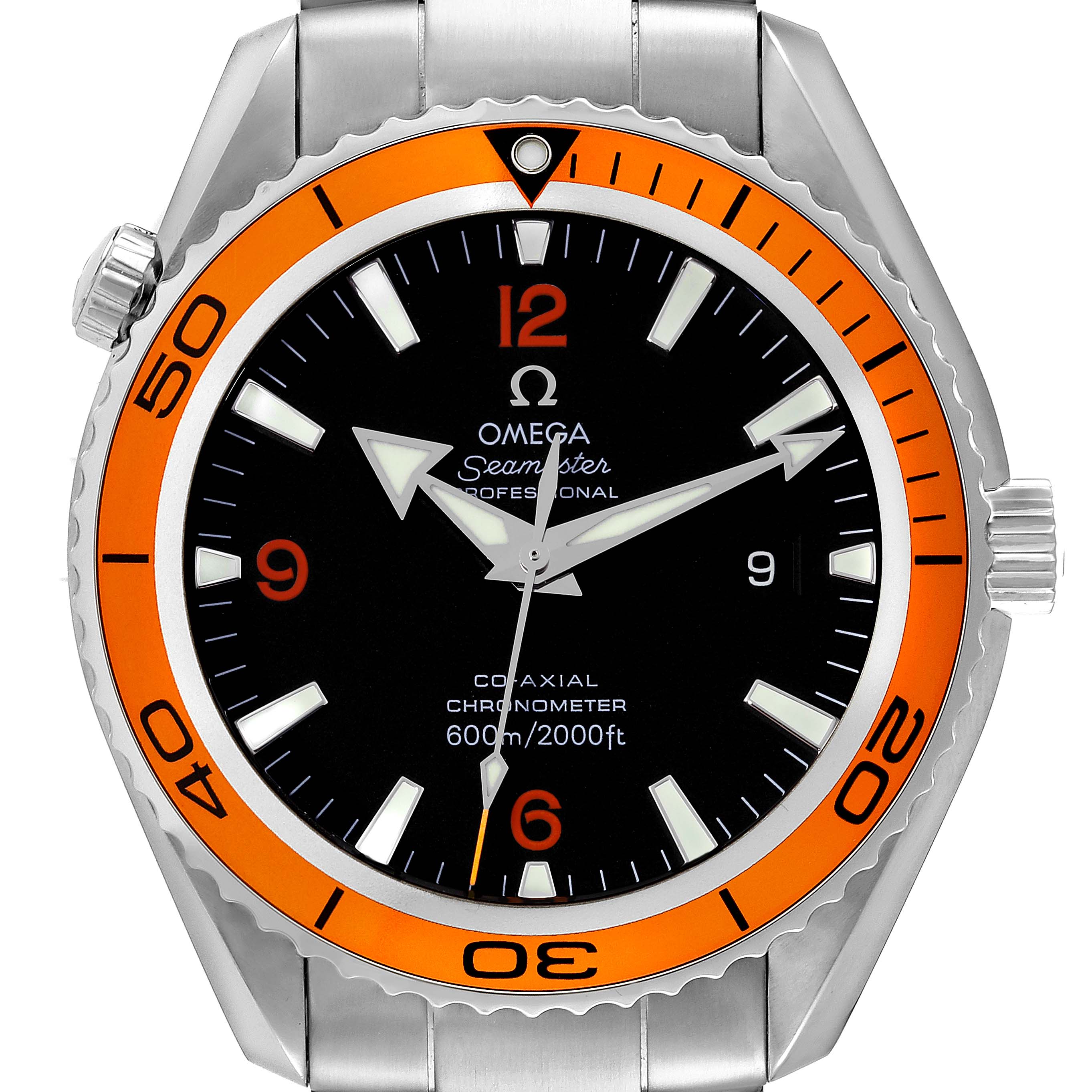 This image shows a front view of the Omega Planet Ocean 2208.50.00 Men
s Stainless Steel Black Dial 2208.50.00 Men
s Stainless Steel Black Dial Seamaster Professional watch, highlighting its orange bezel, dial, and hands.
