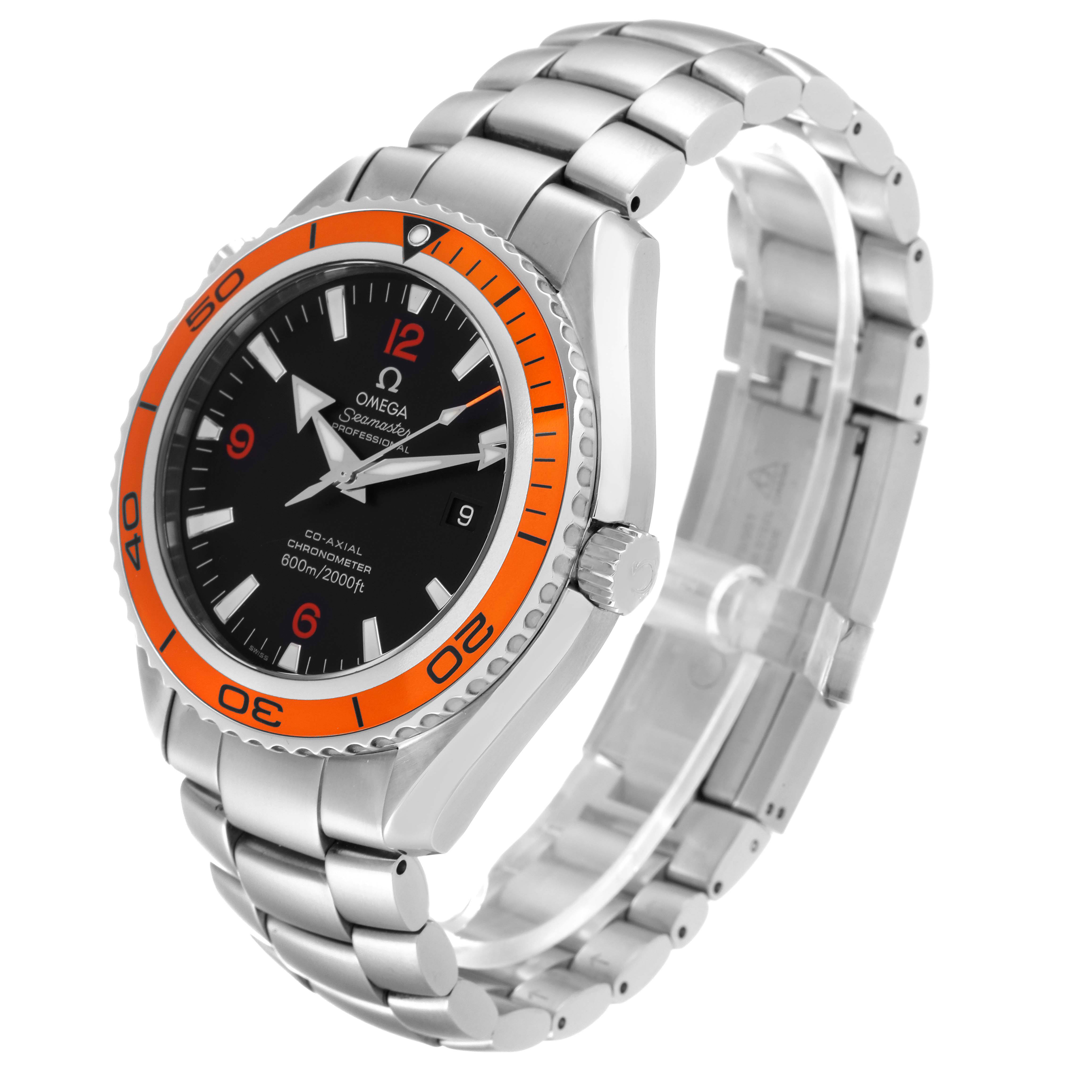 The image shows an Omega Seamaster Planet Ocean watch at an angled side view, highlighting the orange bezel, crown, and stainless steel bracelet.
