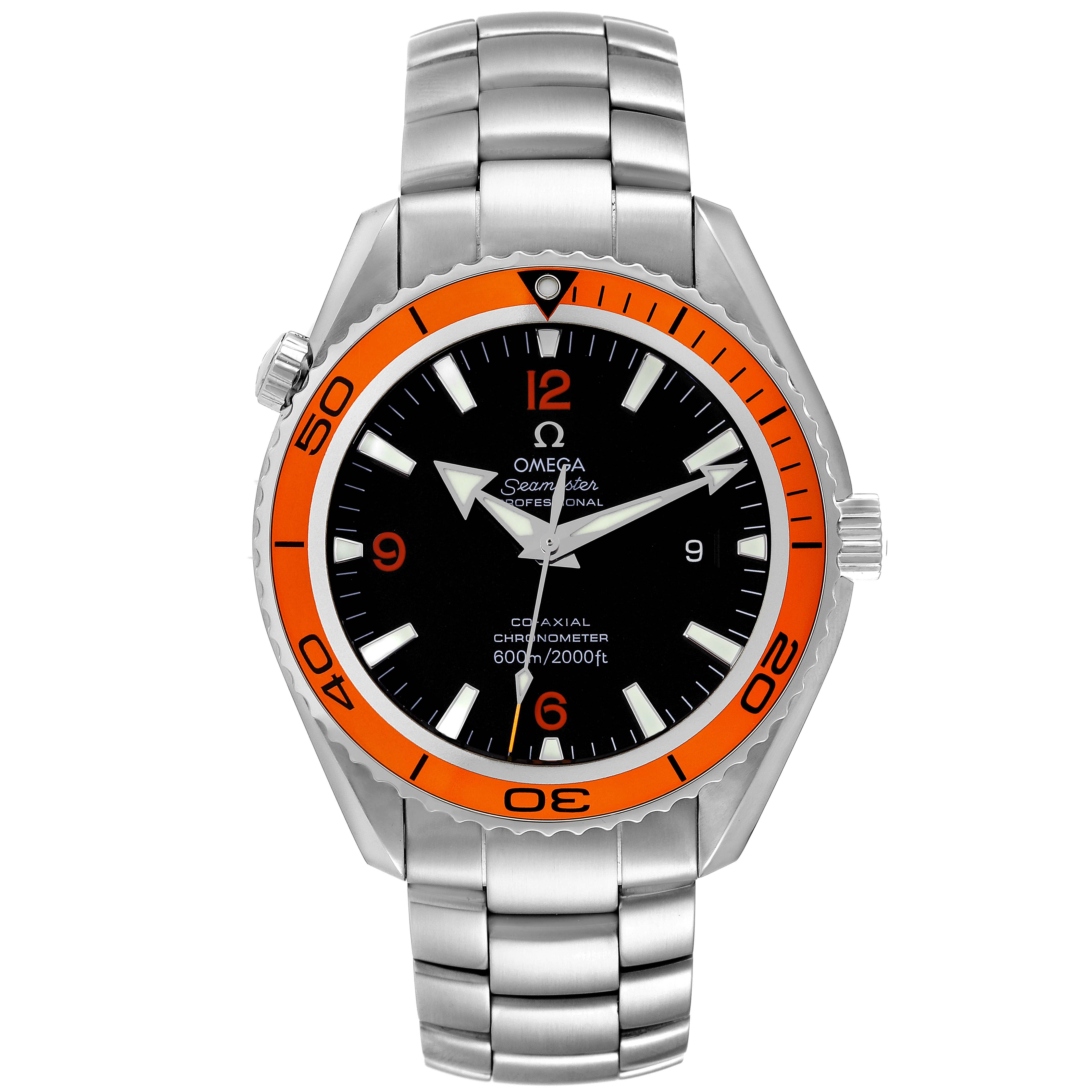 This is a front-angle view of the Omega Planet Ocean 2208.50.00 Men
s Stainless Steel Black Dial 2208.50.00 Men
s Stainless Steel Black Dial watch, showcasing its silver bracelet, orange bezel, and black dial.