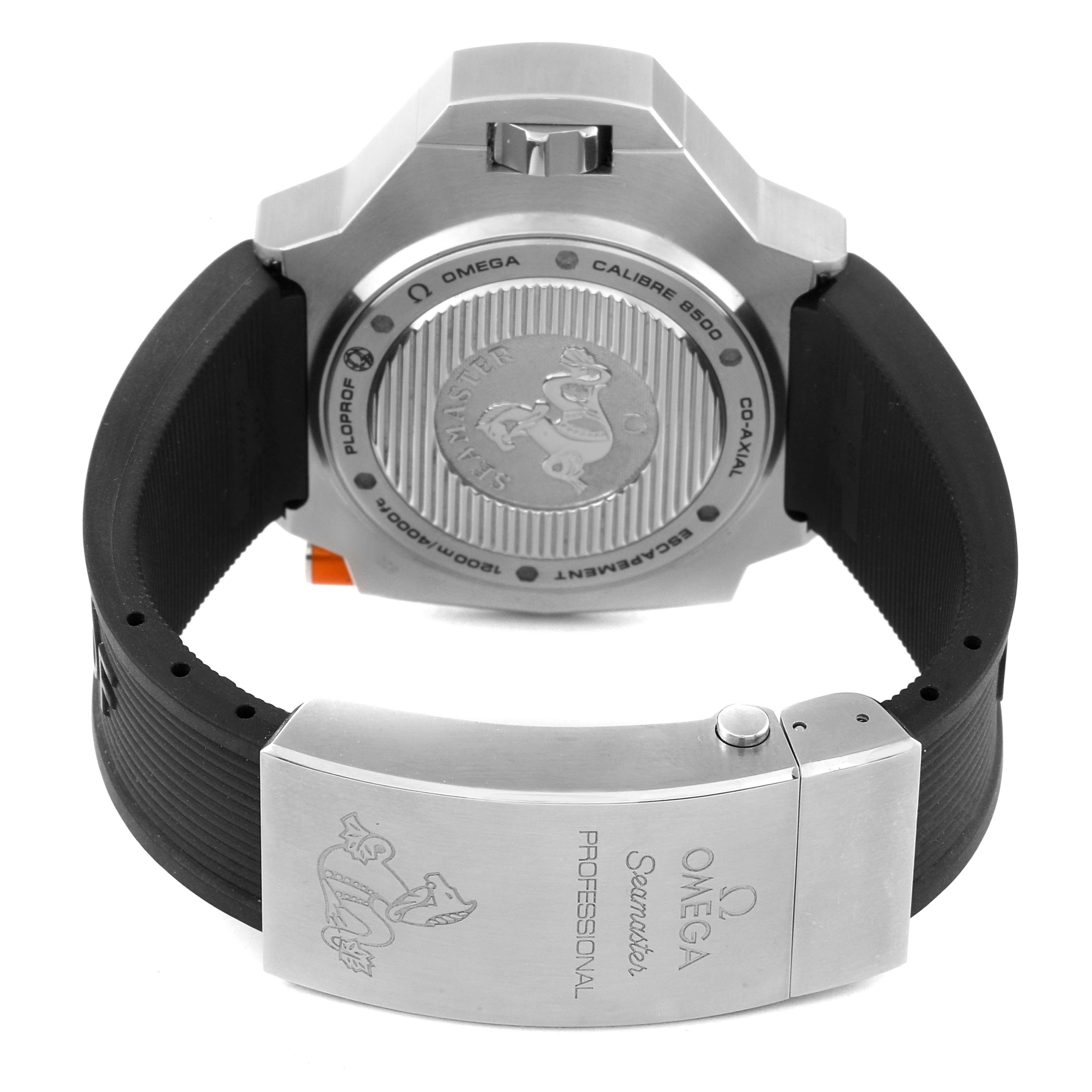 The image shows the back view of the Omega Ploprof 224.32.55.21.01.002 Men
s Stainless Steel Black Dial 224.32.55.21.01.002 Men
s Stainless Steel Black Dial watch, including the case back and clasp with branding details.