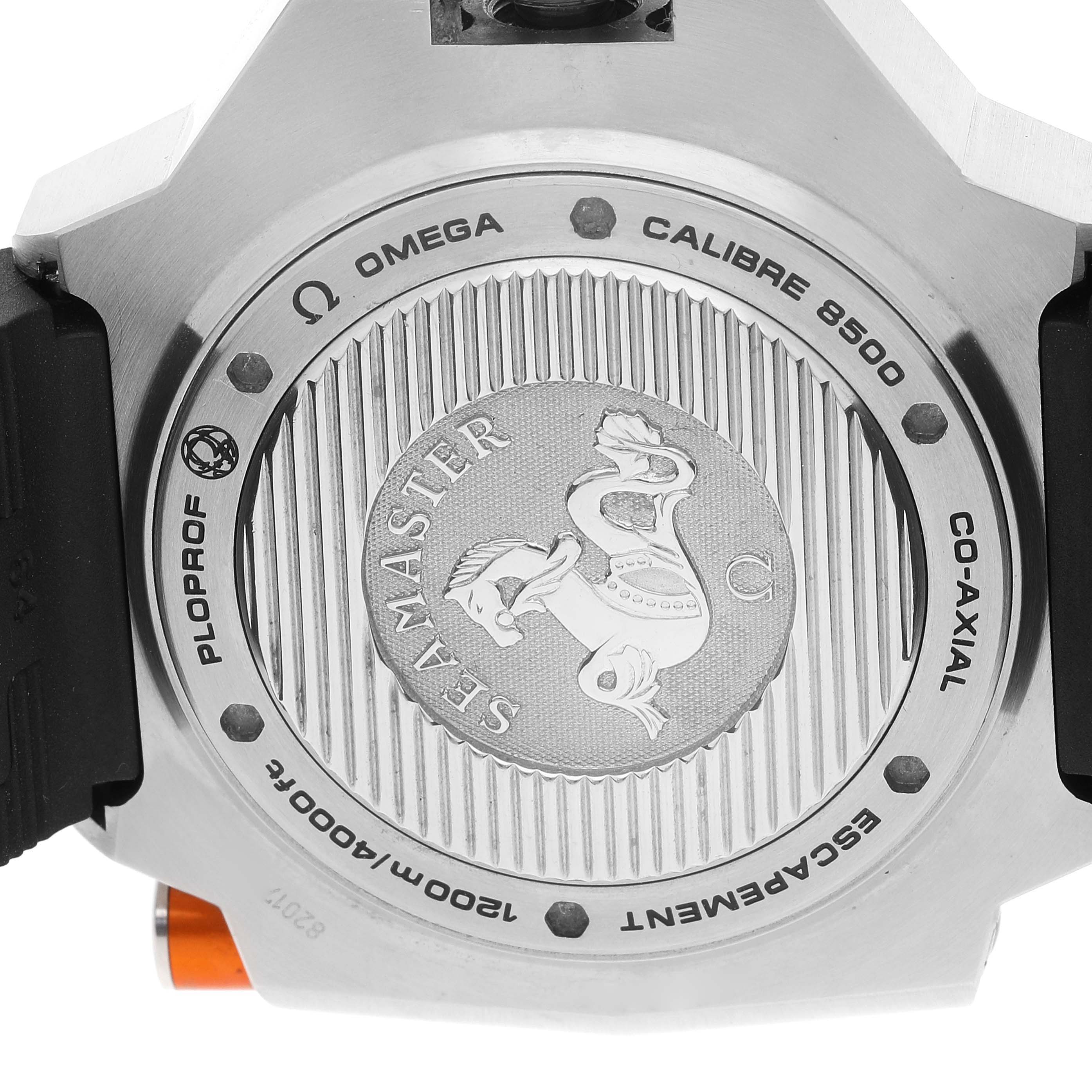 The image shows the case back of the Omega Ploprof 224.32.55.21.01.002 Men
s Stainless Steel Black Dial 224.32.55.21.01.002 Men
s Stainless Steel Black Dial watch, highlighting the branding, model, and caliber details.