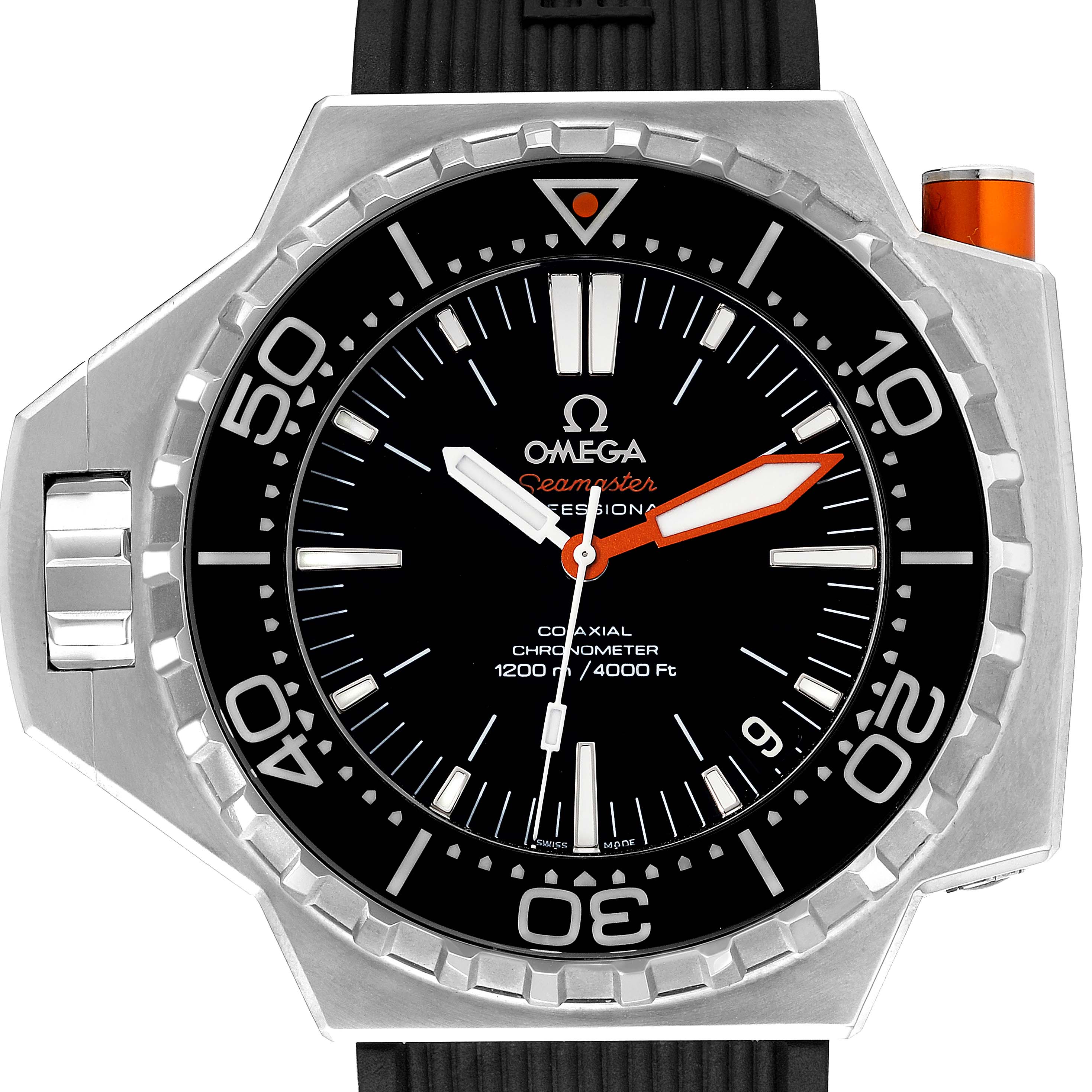 This Omega Ploprof 224.32.55.21.01.002 Men
s Stainless Steel Black Dial 224.32.55.21.01.002 Men
s Stainless Steel Black Dial watch is shown from the front, highlighting its face, bezel, and strap.