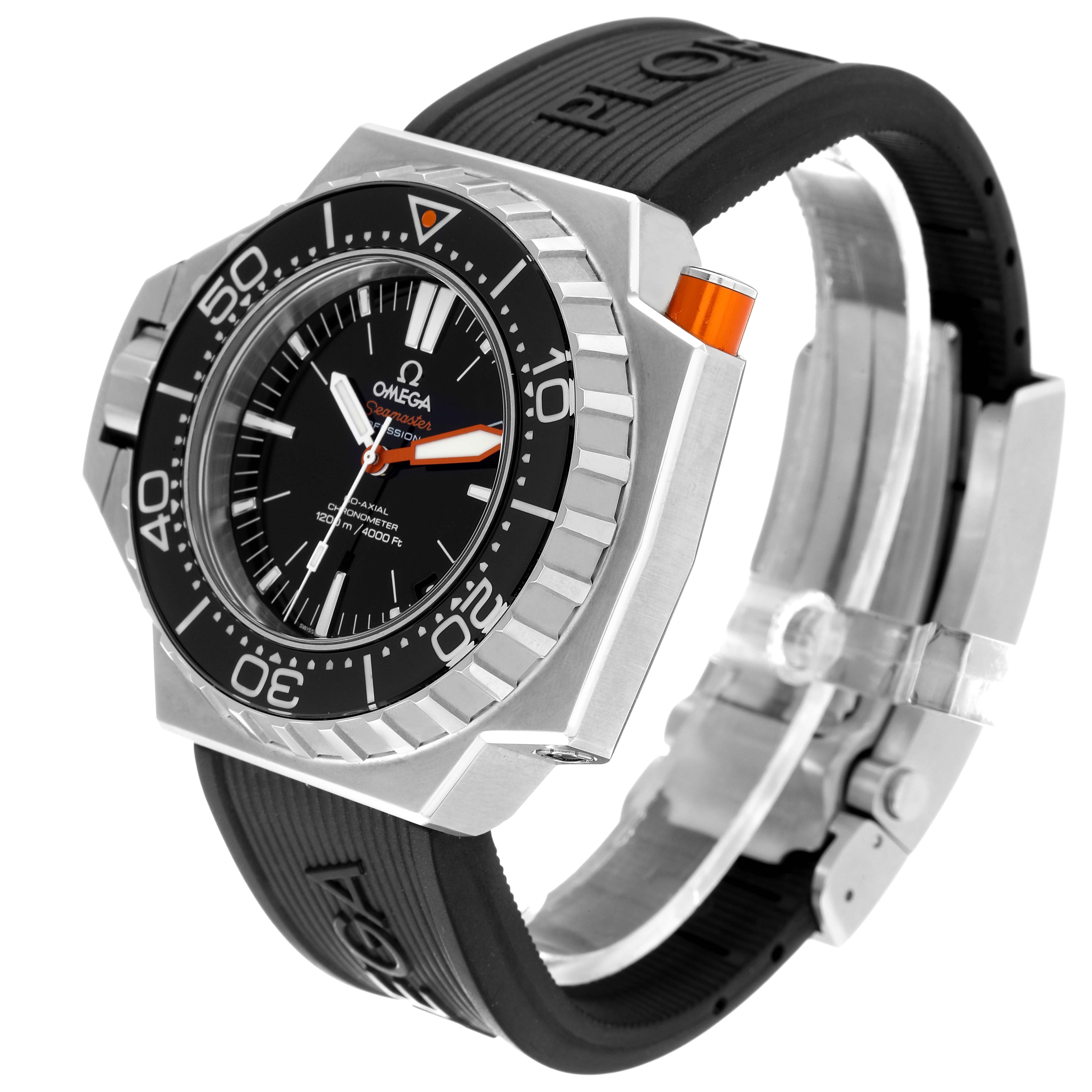 The image shows an Omega Ploprof 224.32.55.21.01.002 Men
s Stainless Steel Black Dial 224.32.55.21.01.002 Men
s Stainless Steel Black Dial watch at a three-quarter angle, highlighting its case, bezel, dial, and rubber strap.