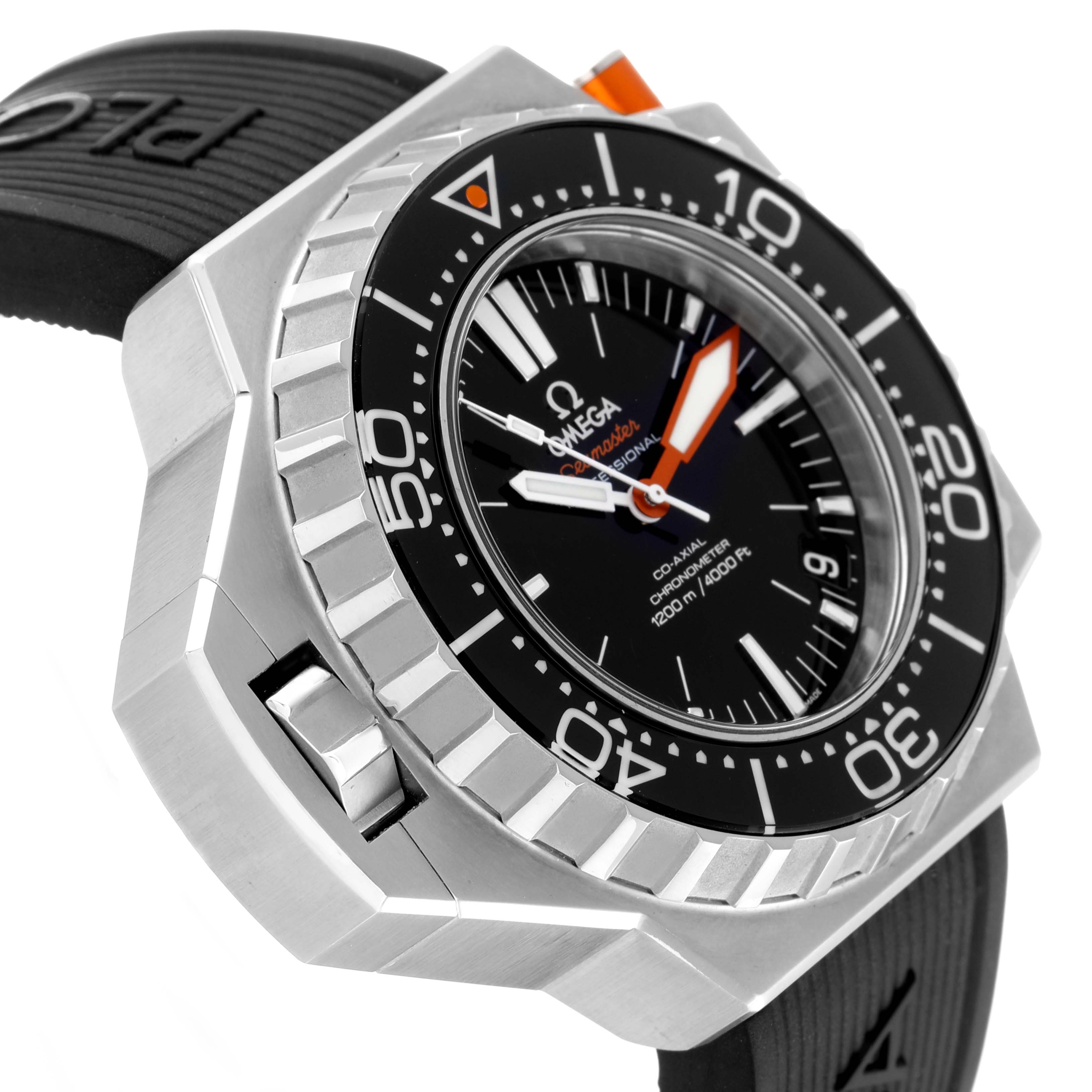 The image shows a close-up angle of an Omega Ploprof 224.32.55.21.01.002 Men
s Stainless Steel Black Dial 224.32.55.21.01.002 Men
s Stainless Steel Black Dial watch displaying the bezel, dial, hands, and part of the strap.
