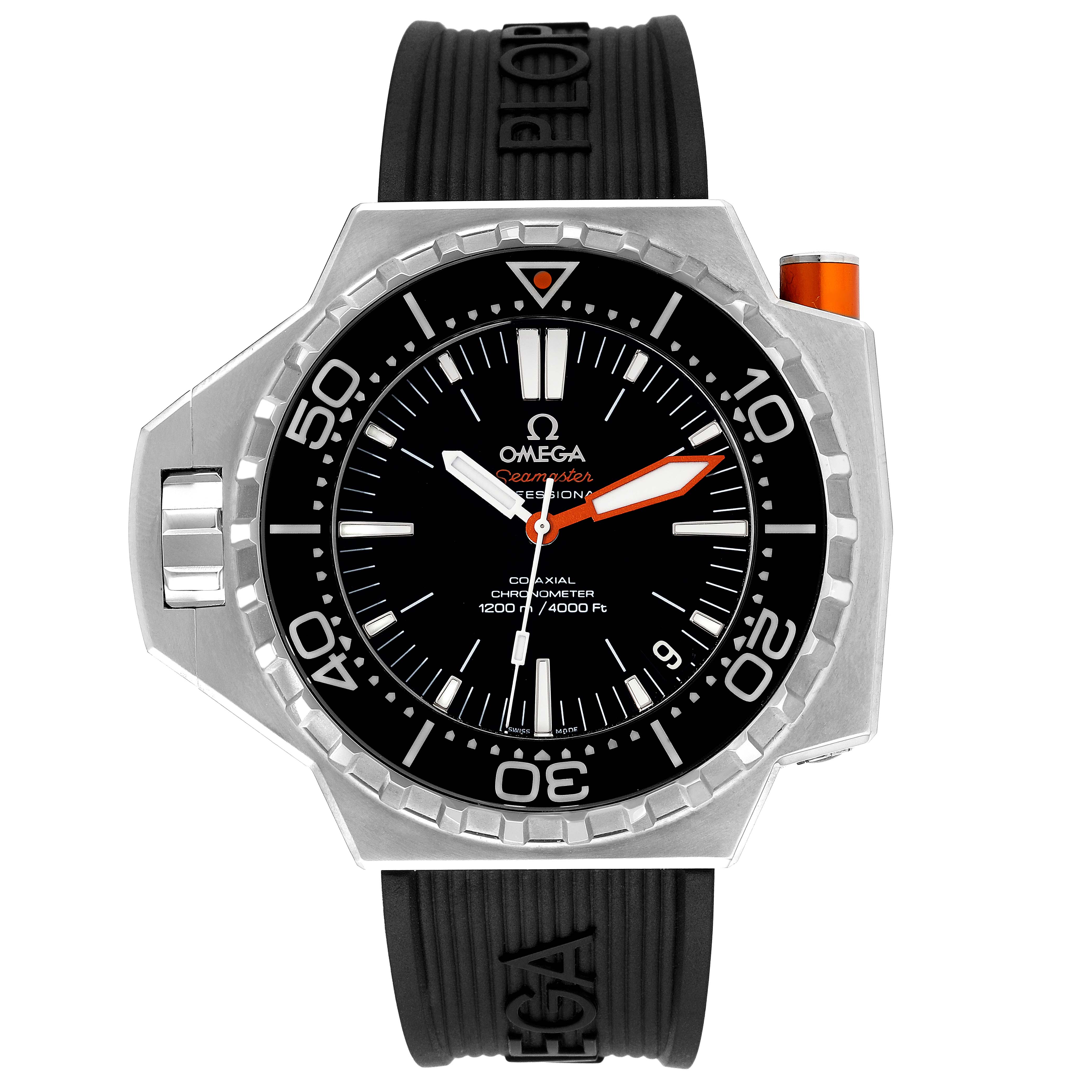 This image shows a front angle of the Omega Ploprof 224.32.55.21.01.002 Men
s Stainless Steel Black Dial 224.32.55.21.01.002 Men
s Stainless Steel Black Dial model watch, highlighting its black dial, bezel, orange button, and strap.
