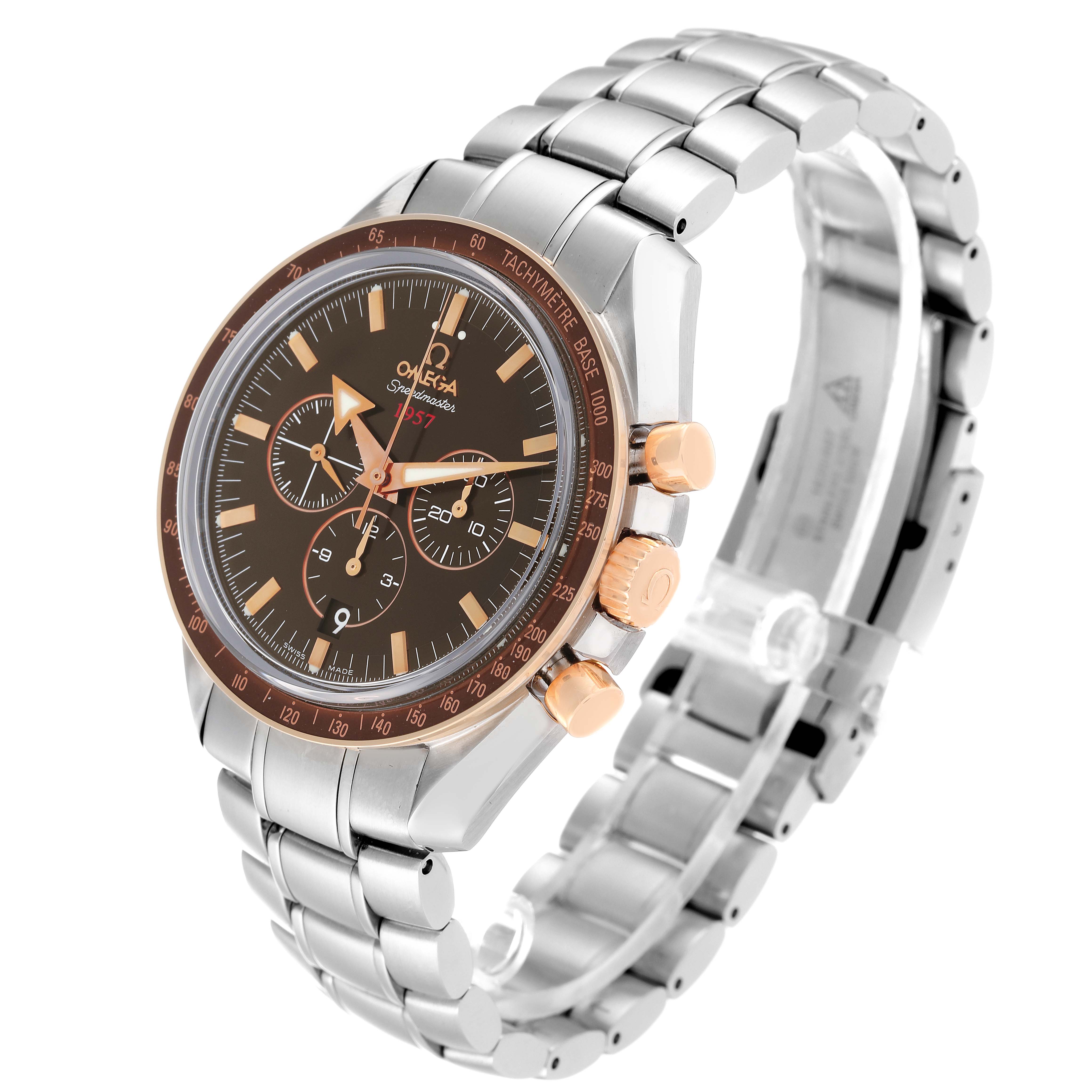 The Omega Speedmaster 321.90.42.50.13.002 Men's Stainless Steel Brown Dial 321.90.42.50.13.002 Men's Stainless Steel Brown Dial watch is shown at a three-quarter angle, displaying the dial, bezel, crown, pushers, and bracelet.