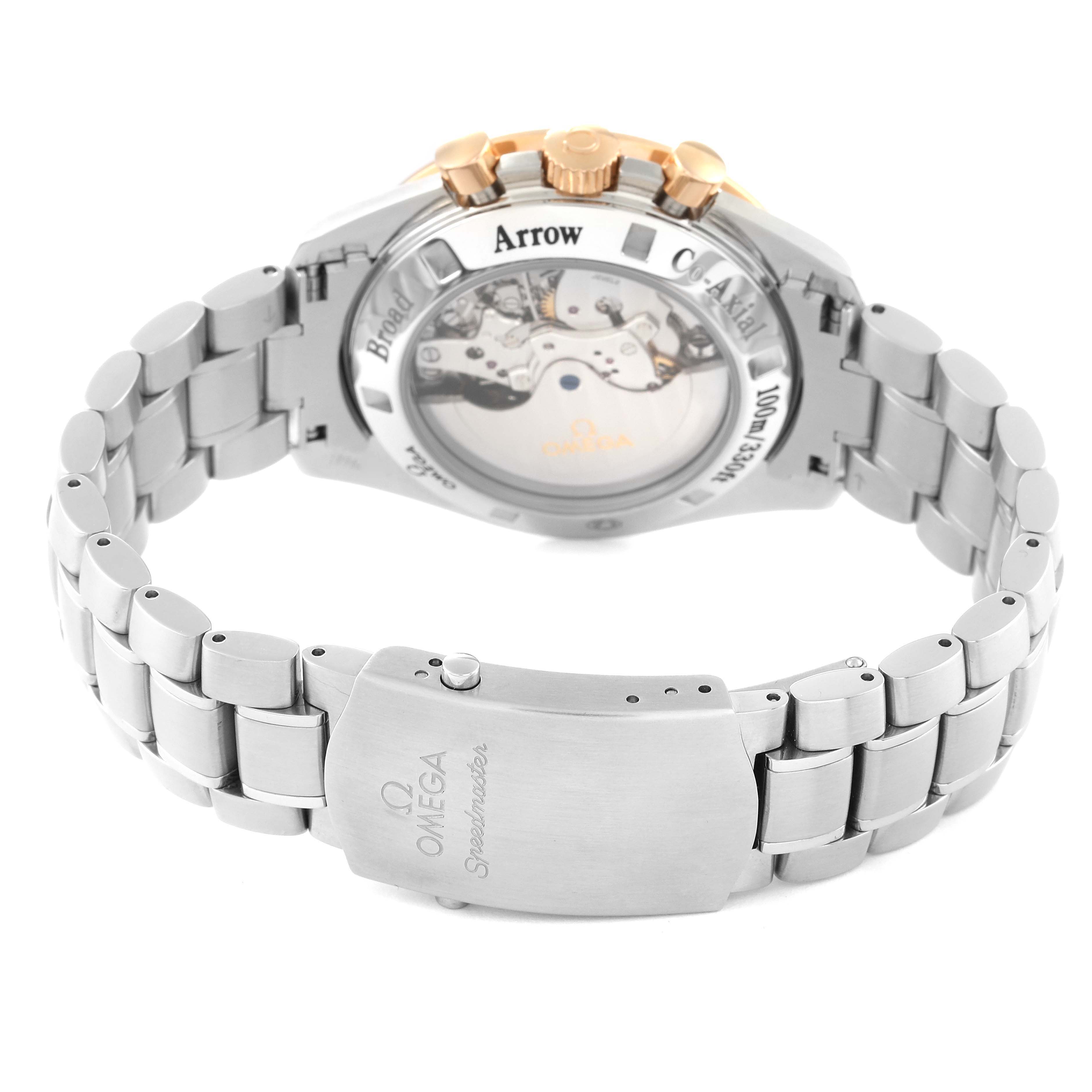 The image shows the back view of an Omega Speedmaster 321.90.42.50.13.002 Men's Stainless Steel Brown Dial 321.90.42.50.13.002 Men's Stainless Steel Brown Dial with a detailed look at the bracelet and clasp.