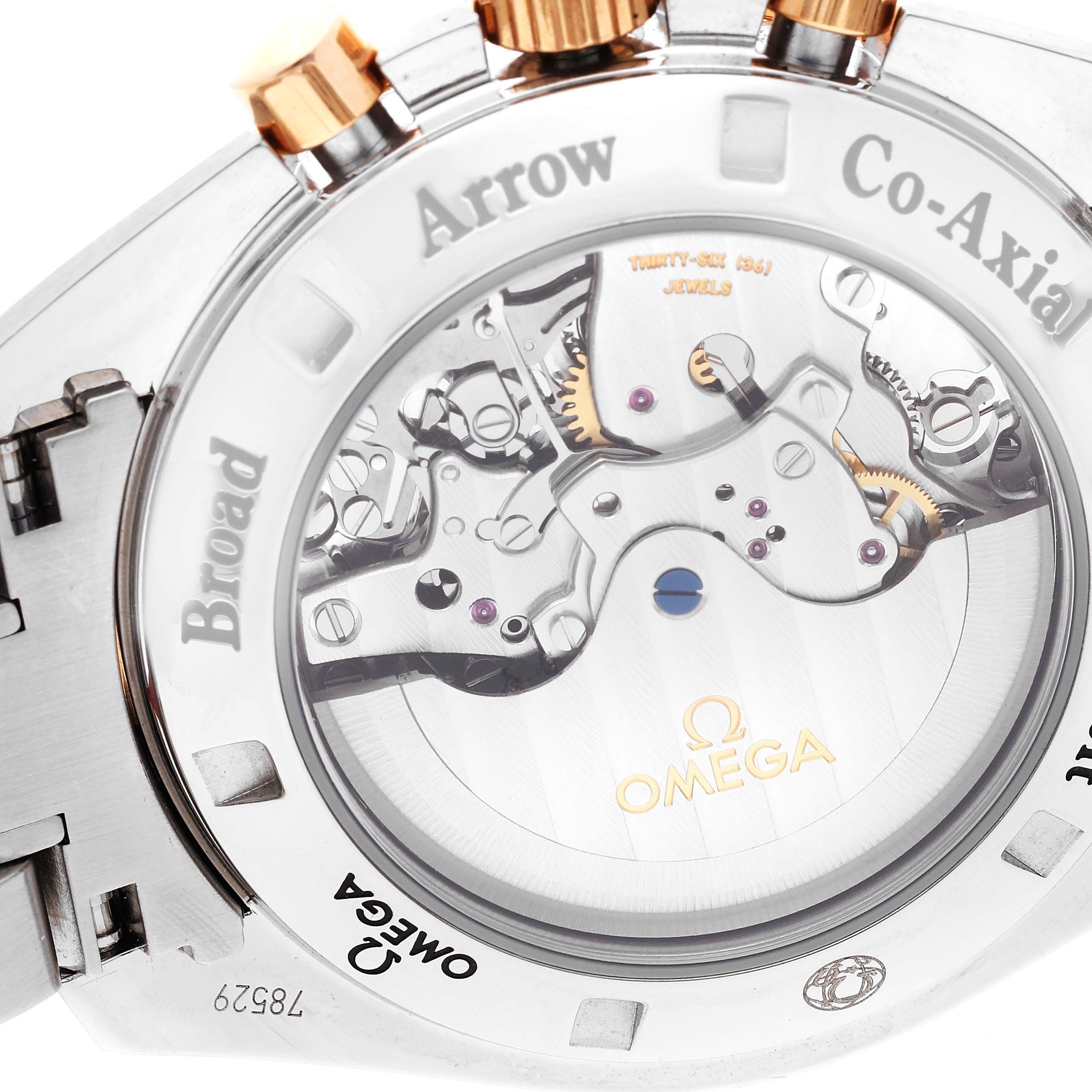 The image shows the back view of the Omega Speedmaster 321.90.42.50.13.002 Men's Stainless Steel Brown Dial 321.90.42.50.13.002 Men's Stainless Steel Brown Dial watch, revealing its intricate internal mechanism.