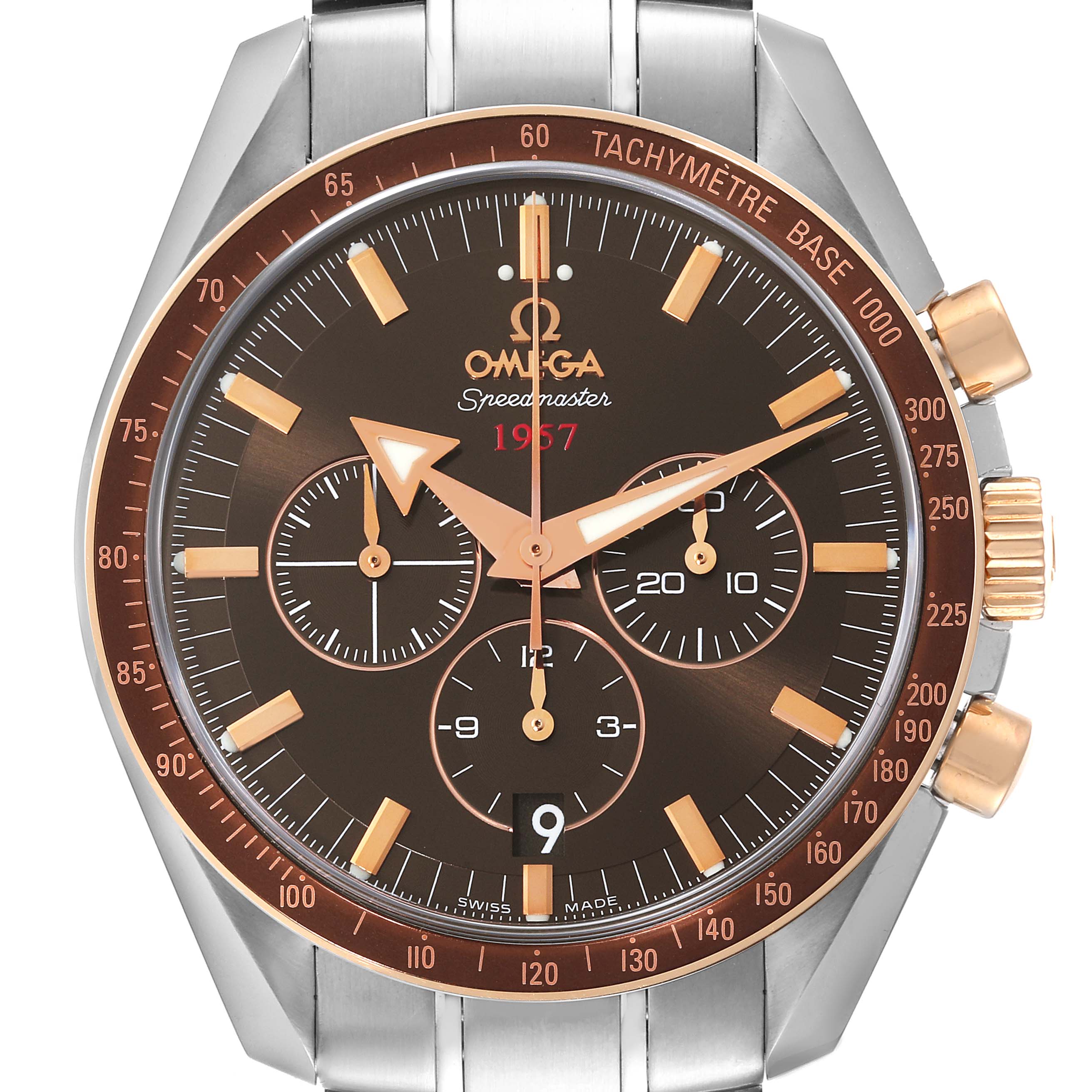 The image shows a front view of the Omega Speedmaster 321.90.42.50.13.002 Men's Stainless Steel Brown Dial 321.90.42.50.13.002 Men's Stainless Steel Brown Dial watch, highlighting the face, bezel, chronograph sub-dials, and pushers.