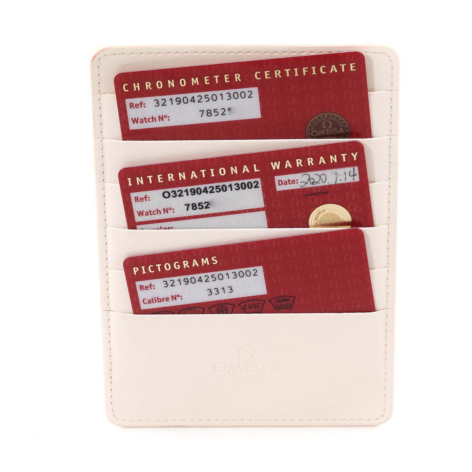 The image shows a trio of cards—Chronometer Certificate, International Warranty, and Pictograms—for the Omega Speedmaster 321.90.42.50.13.002 Men's Stainless Steel Brown Dial 321.90.42.50.13.002 Men's Stainless Steel Brown Dial, held in a white cardholder.