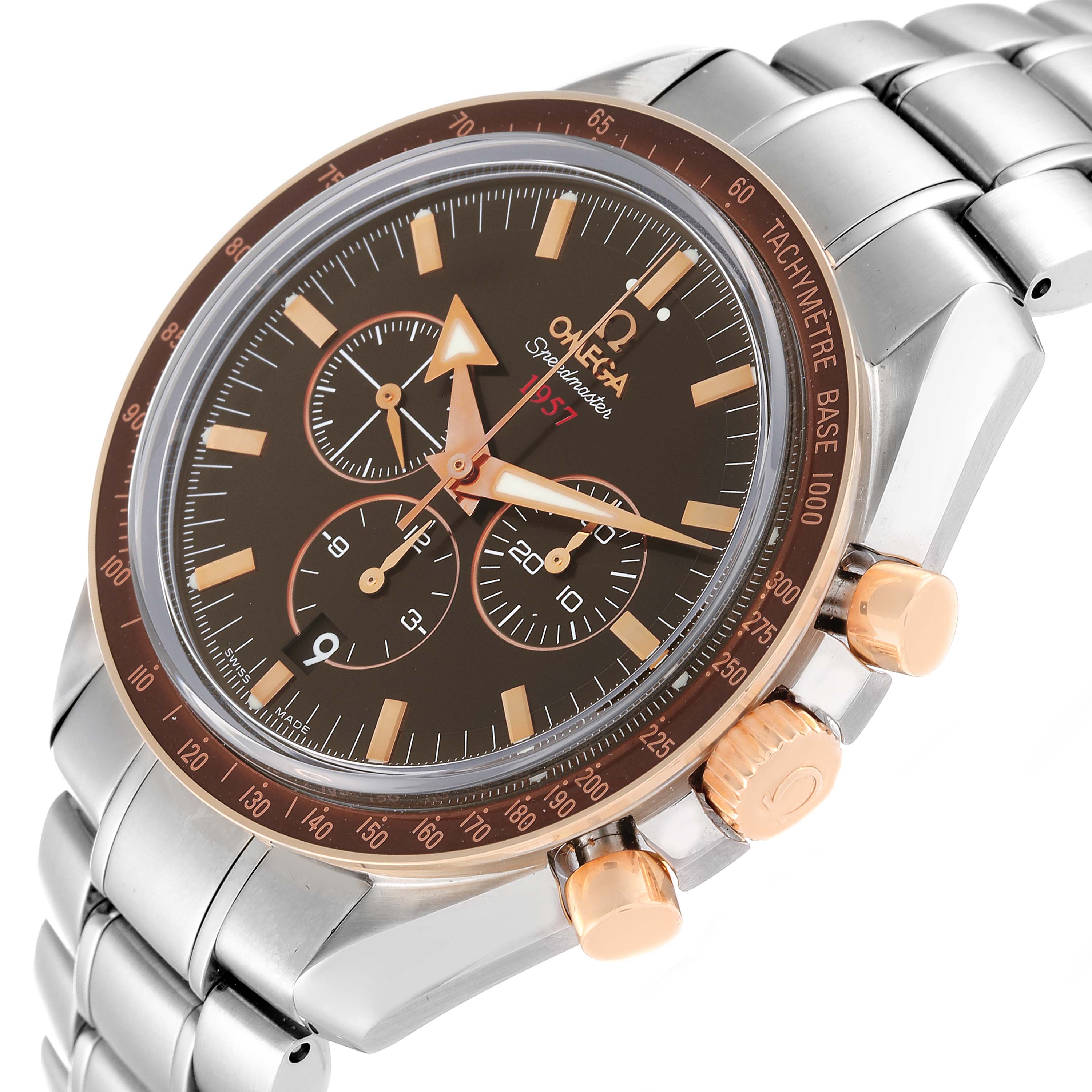 The image shows an angled view of the Omega Speedmaster 321.90.42.50.13.002 Men's Stainless Steel Brown Dial 321.90.42.50.13.002 Men's Stainless Steel Brown Dial watch, displaying its face, bezel, crown, pushers, and bracelet.