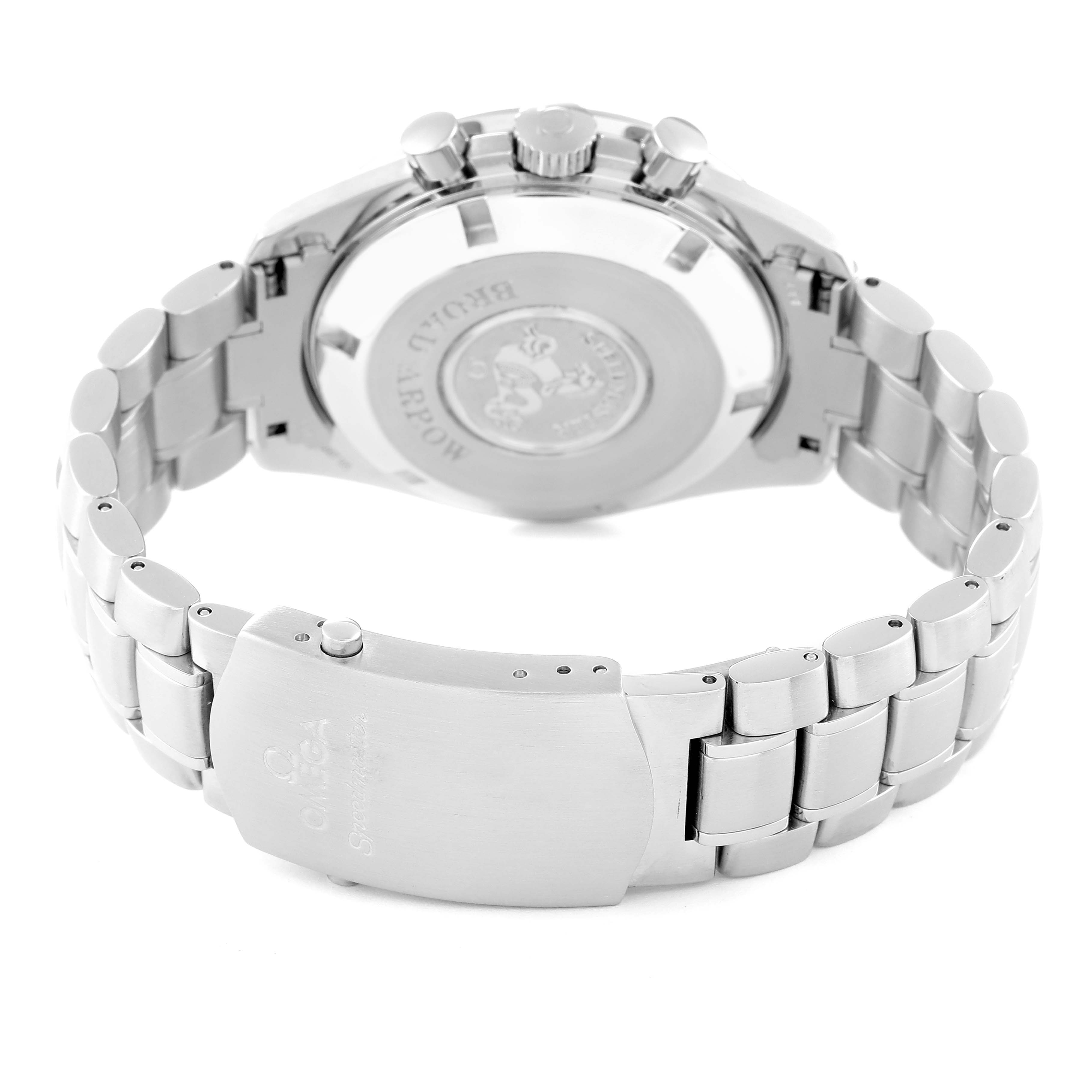 The image shows the back and clasp of an Omega Speedmaster 3551.20.00 Men's Stainless Steel White Dial 3551.20.00 Men's Stainless Steel White Dial watch, highlighting the case back, bracelet, and deployment clasp.