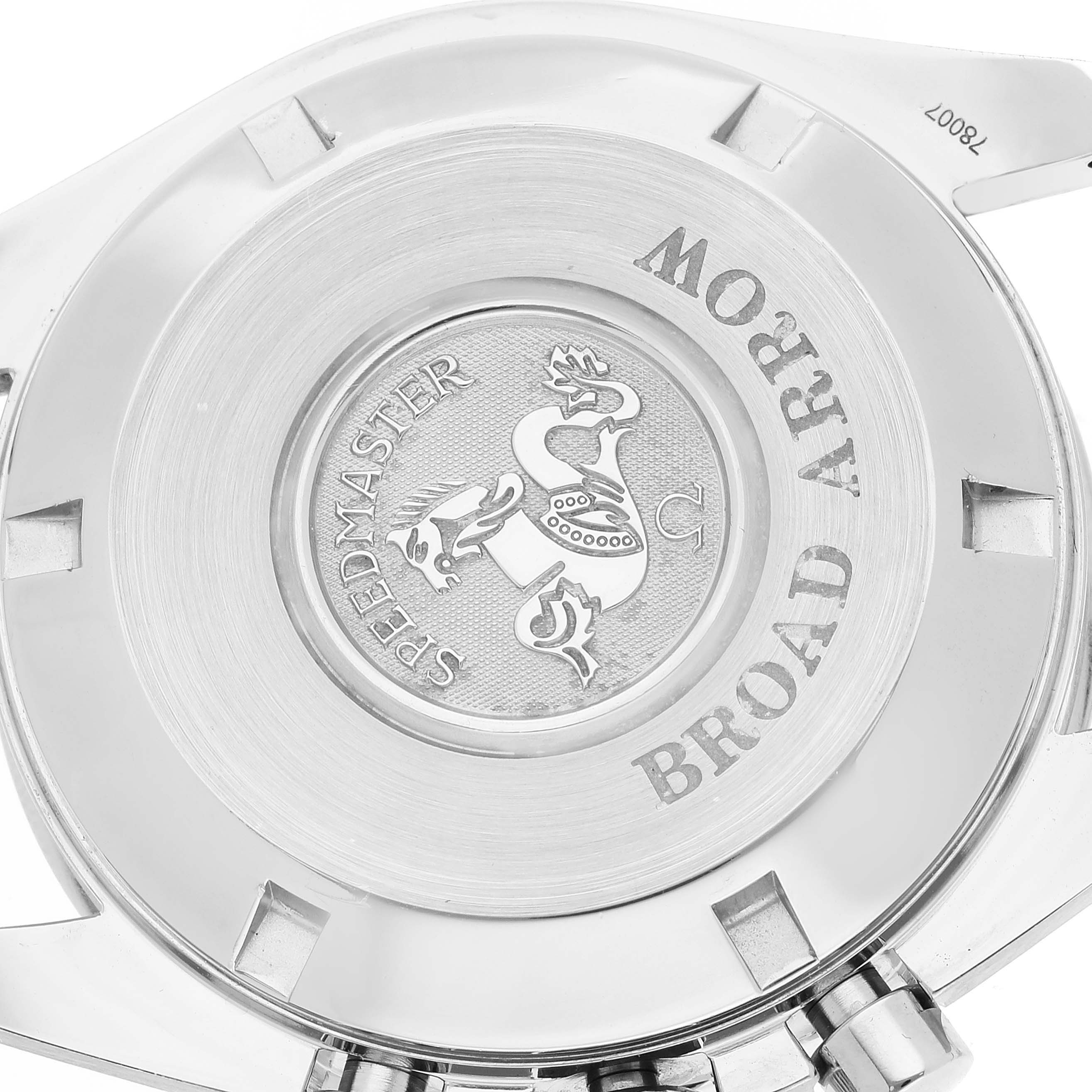 The image shows the case back of an Omega Speedmaster 3551.20.00 Men's Stainless Steel White Dial 3551.20.00 Men's Stainless Steel White Dial Broad Arrow, displaying the model name and logo.