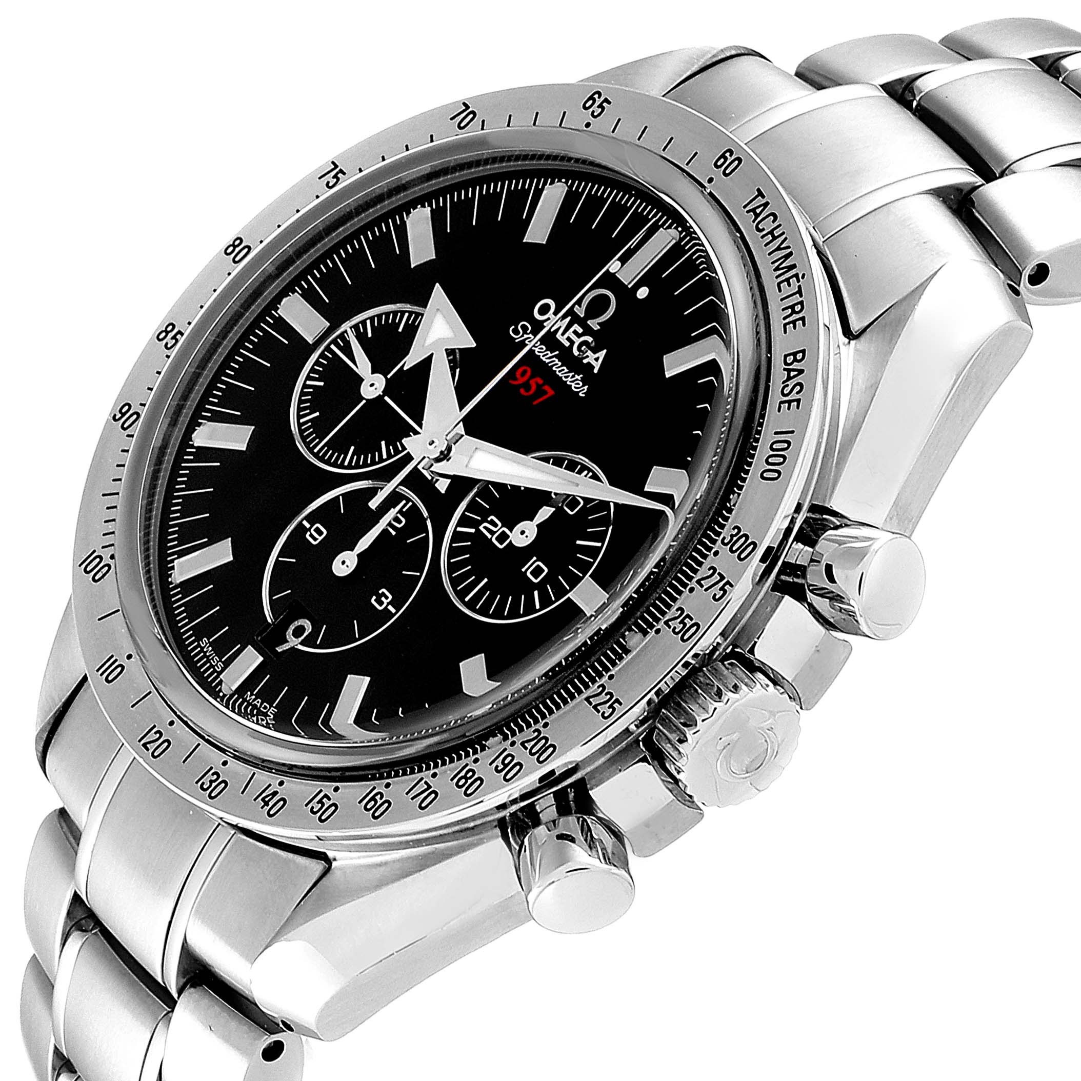 This image shows an Omega Speedmaster 321.10.42.50.01.001 Men's Stainless Steel Black Dial 321.10.42.50.01.001 Men's Stainless Steel Black Dial watch at a three-quarter angle, highlighting the bezel, dial, pushers, and bracelet.