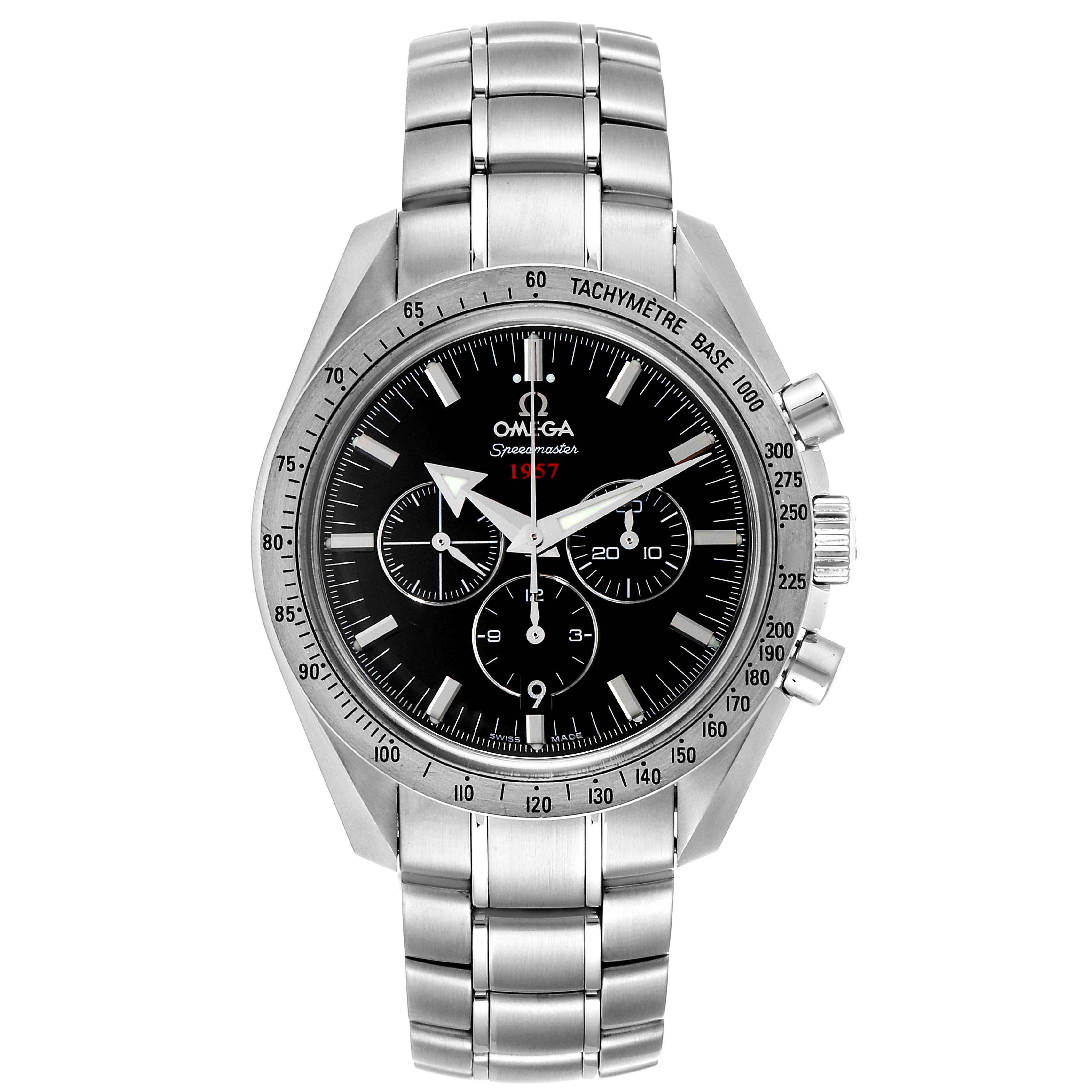 This image shows a front view of the Omega Speedmaster 321.10.42.50.01.001 Men's Stainless Steel Black Dial 321.10.42.50.01.001 Men's Stainless Steel Black Dial watch, highlighting its bezel, crown, chronograph pushers, and stainless steel bracelet.