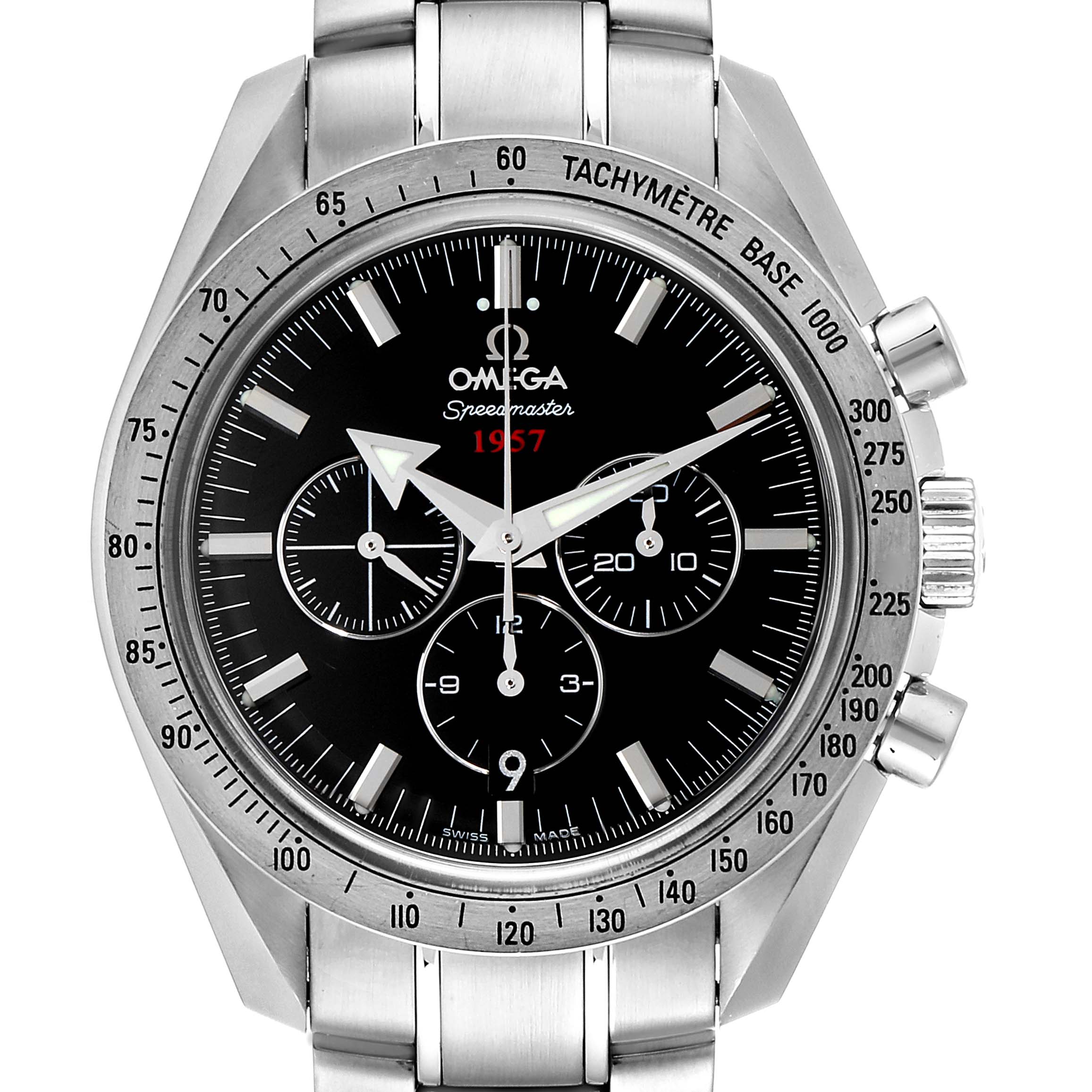 This image shows a front view of the Omega Speedmaster 321.10.42.50.01.001 Men's Stainless Steel Black Dial 321.10.42.50.01.001 Men's Stainless Steel Black Dial watch, displaying its dial, bezel, and metal strap.