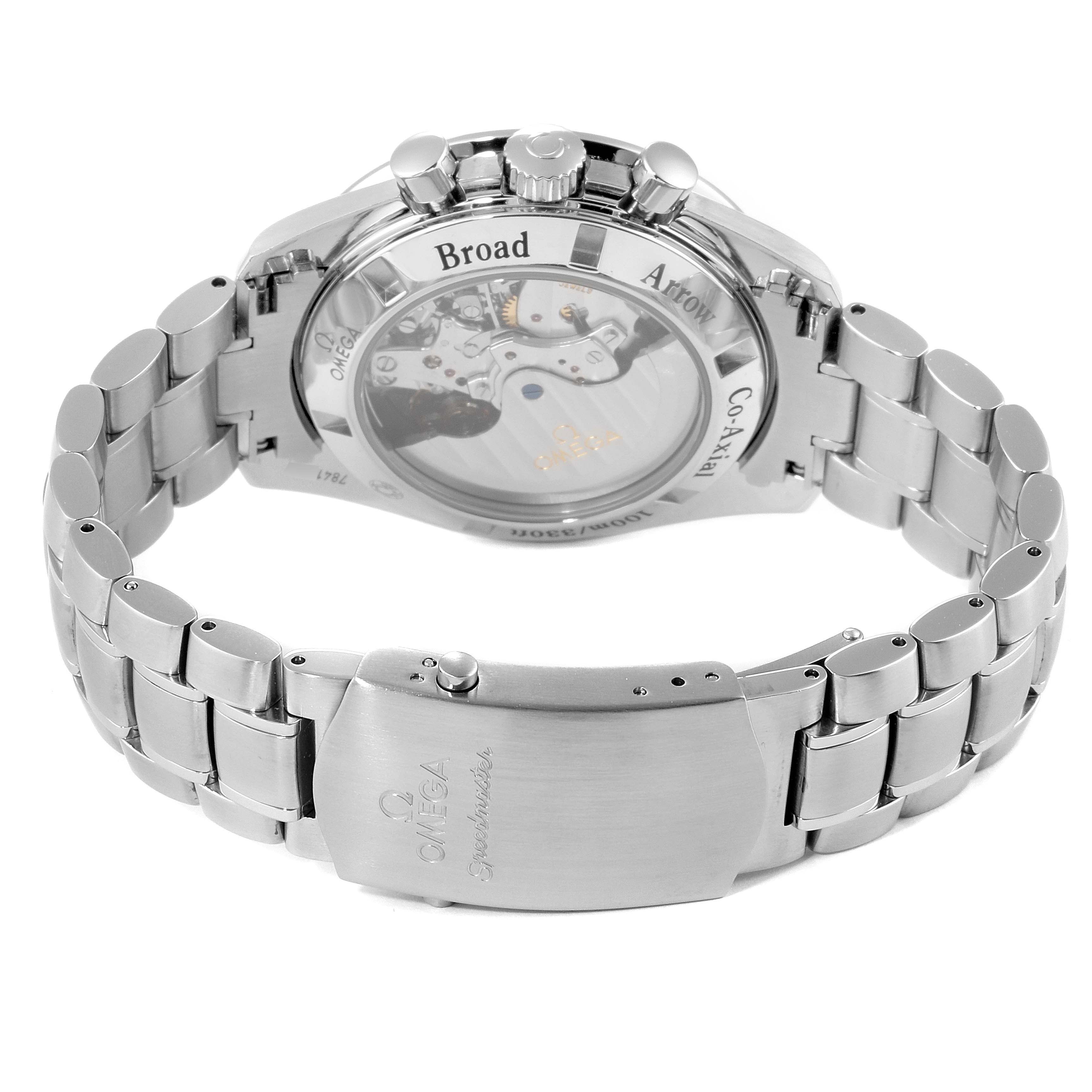 The image shows the back view of the Omega Speedmaster 321.10.42.50.01.001 Men's Stainless Steel Black Dial 321.10.42.50.01.001 Men's Stainless Steel Black Dial watch, highlighting its transparent case back and stainless steel bracelet.