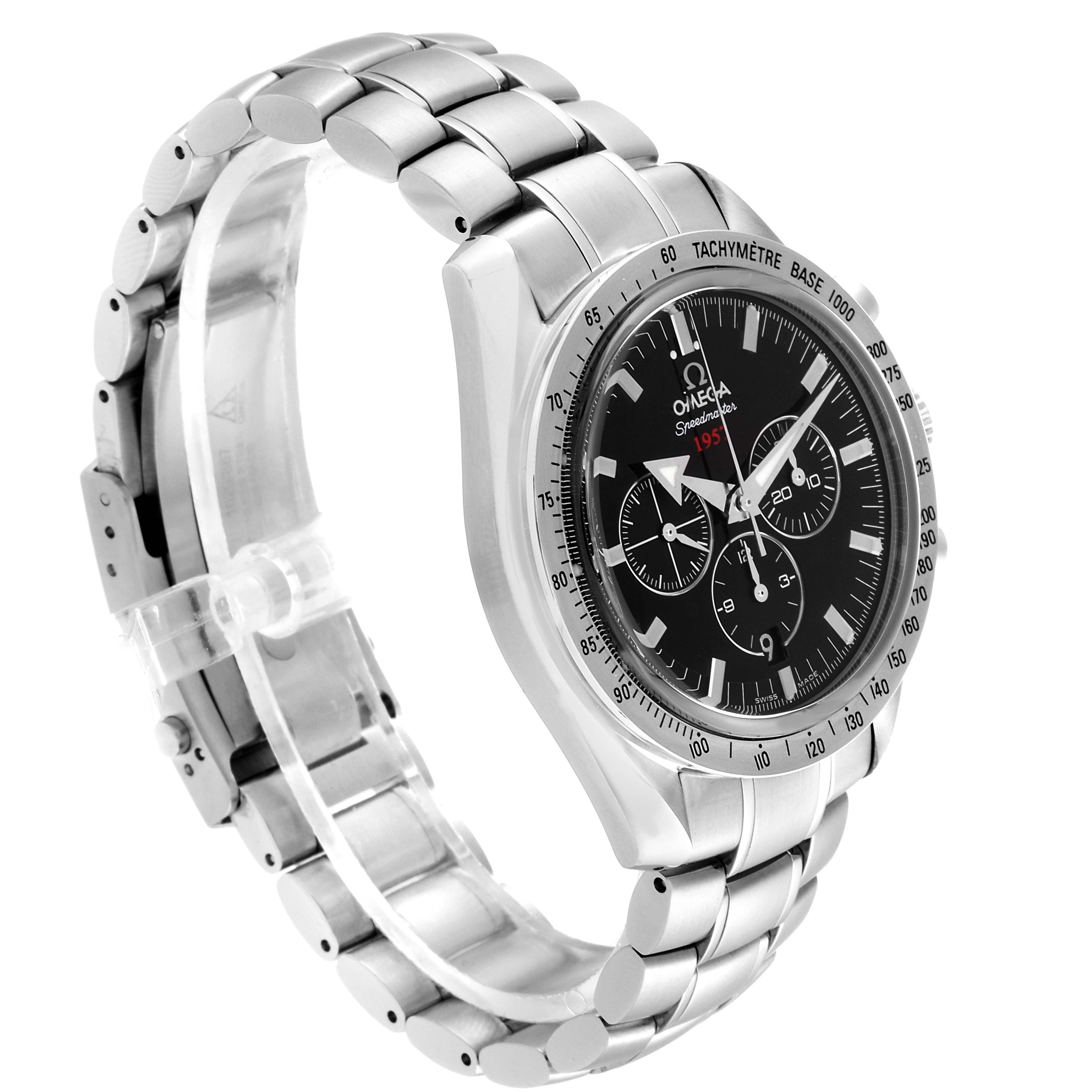 The image shows an angled side view of an Omega Speedmaster 321.10.42.50.01.001 Men's Stainless Steel Black Dial 321.10.42.50.01.001 Men's Stainless Steel Black Dial watch, highlighting the bezel, dial, and metal bracelet.