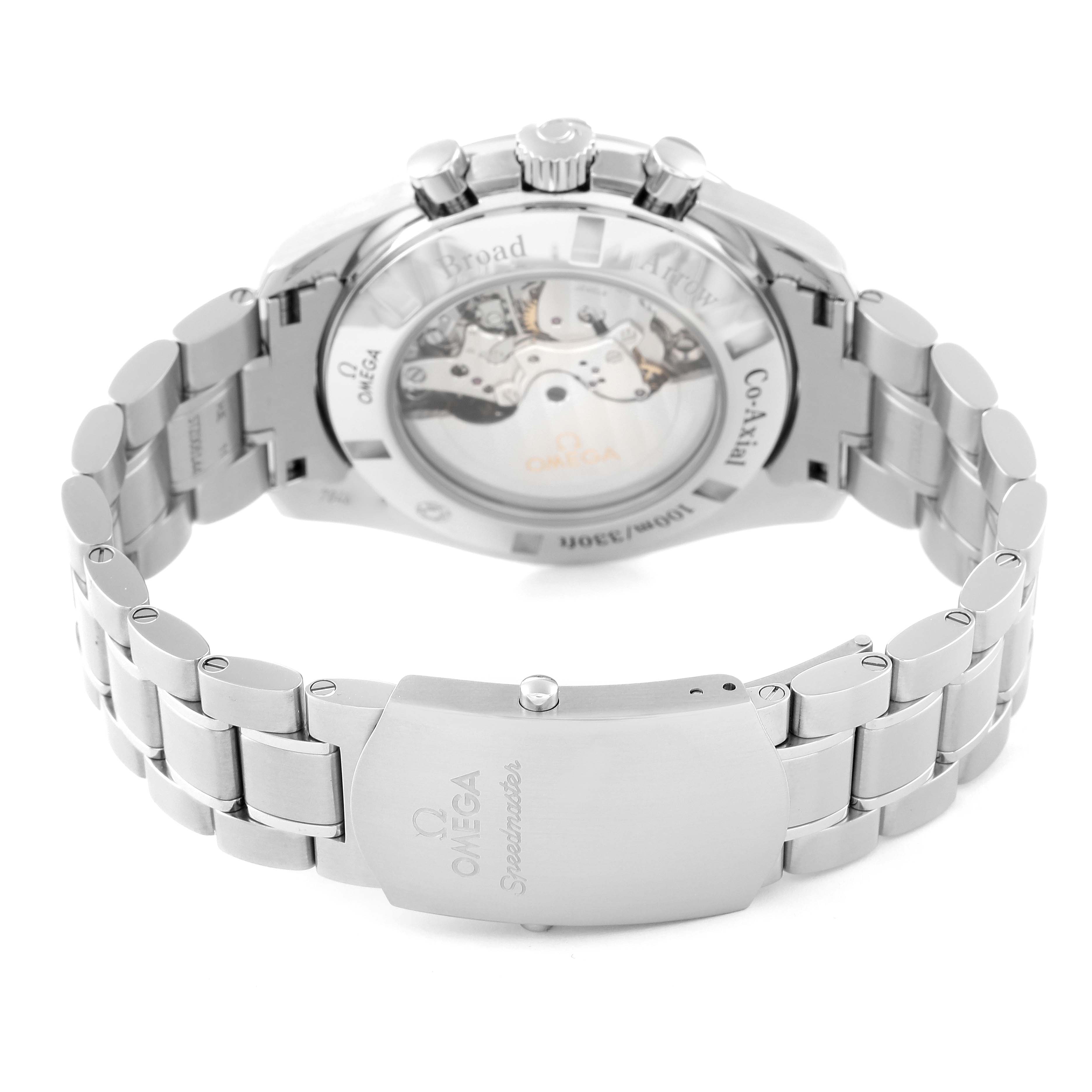 The image shows the back view of an Omega Speedmaster 321.10.44.50.01.001 Men's Stainless Steel Black Dial 321.10.44.50.01.001 Men's Stainless Steel Black Dial watch, highlighting the case back and bracelet clasp.