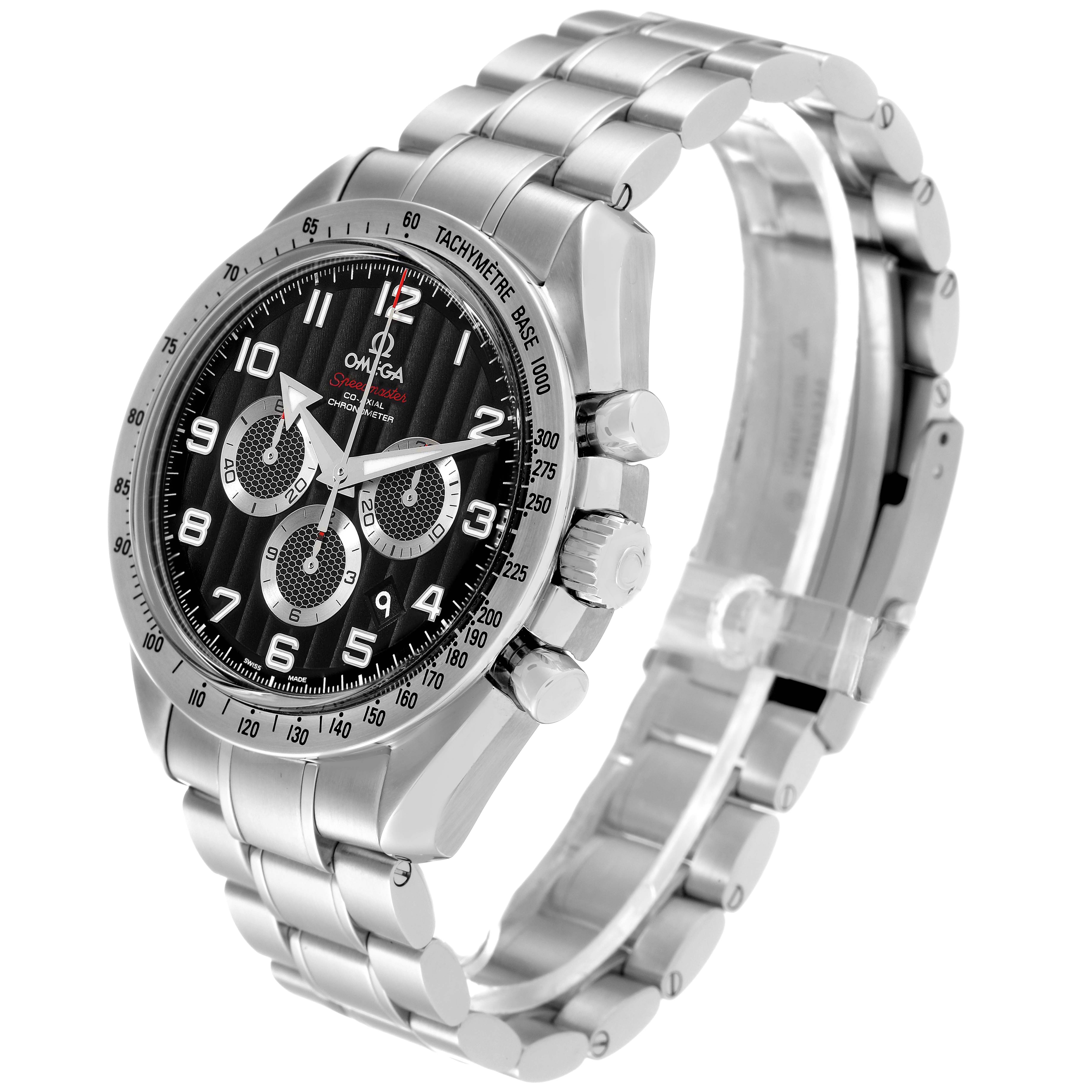 The Omega Speedmaster 321.10.44.50.01.001 Men's Stainless Steel Black Dial 321.10.44.50.01.001 Men's Stainless Steel Black Dial watch is shown at a slight right angle, displaying the face, bezel, crown, and full metal bracelet.