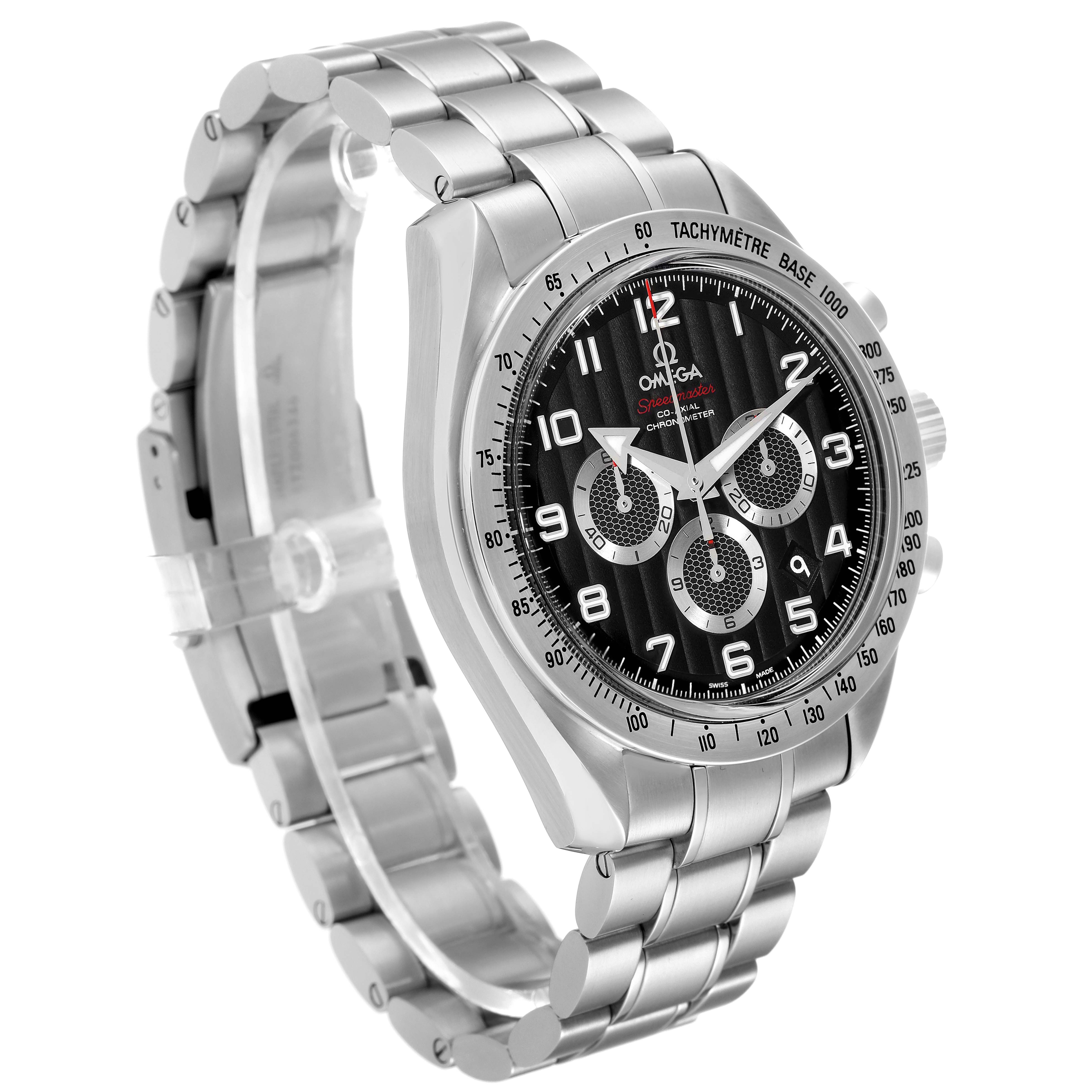 The image shows a side-angle view of the Omega Speedmaster 321.10.44.50.01.001 Men's Stainless Steel Black Dial 321.10.44.50.01.001 Men's Stainless Steel Black Dial, highlighting its dial, bezel, crown, and bracelet.