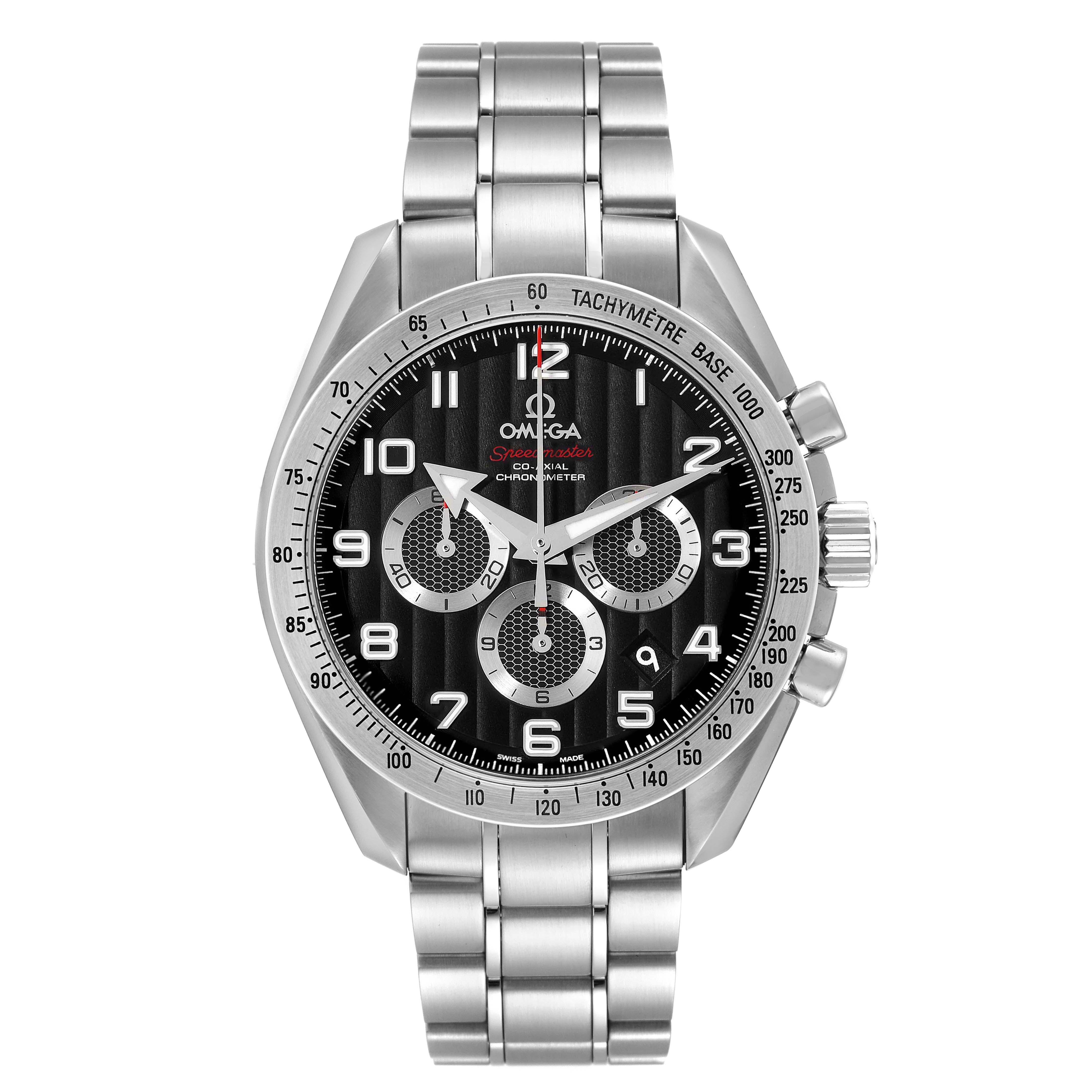 This image shows a front angle of the Omega Speedmaster 321.10.44.50.01.001 Men's Stainless Steel Black Dial 321.10.44.50.01.001 Men's Stainless Steel Black Dial watch with a stainless steel bracelet and black dial.