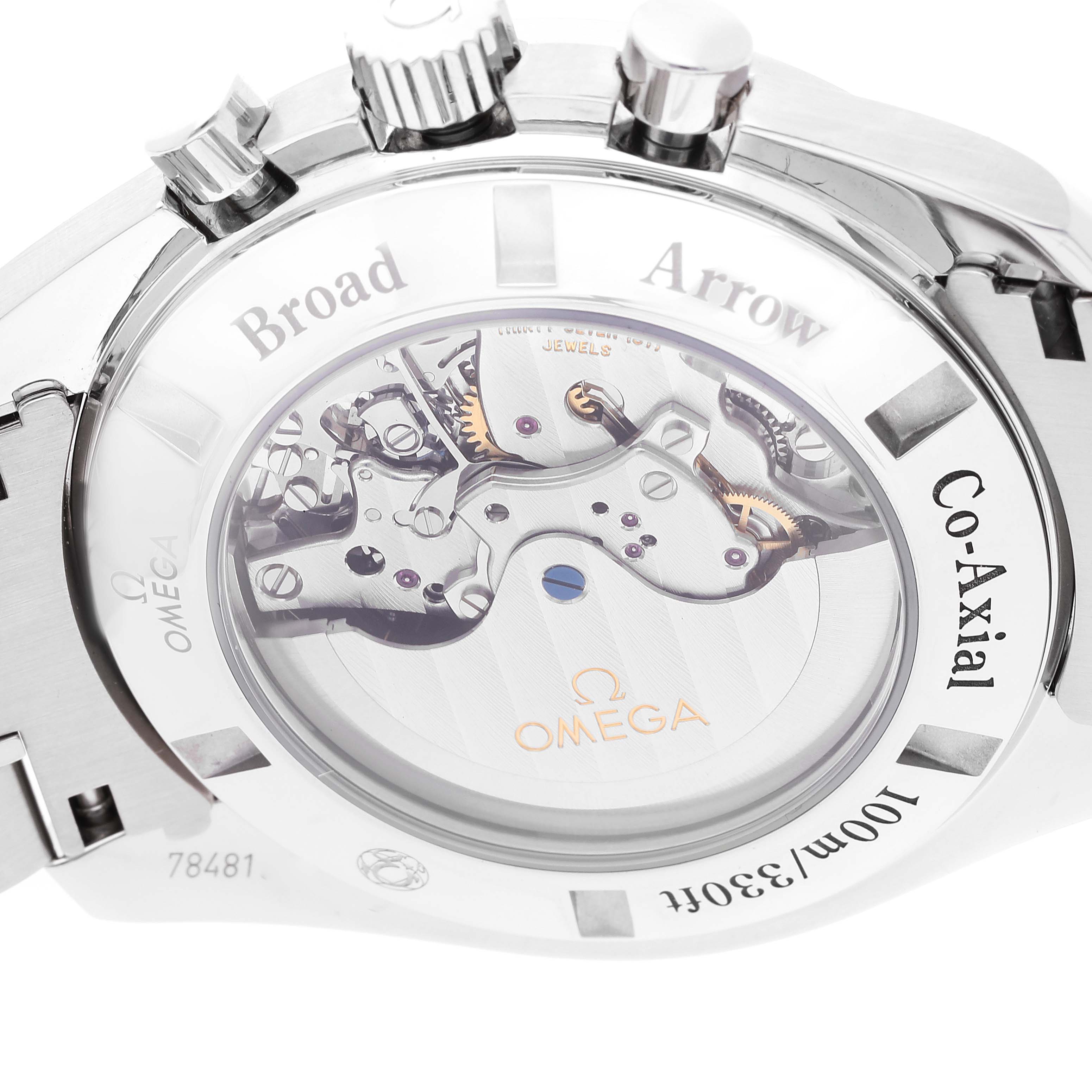 The image shows the back view of an Omega Speedmaster 321.10.44.50.01.001 Men's Stainless Steel Black Dial 321.10.44.50.01.001 Men's Stainless Steel Black Dial watch, revealing its co-axial movement.