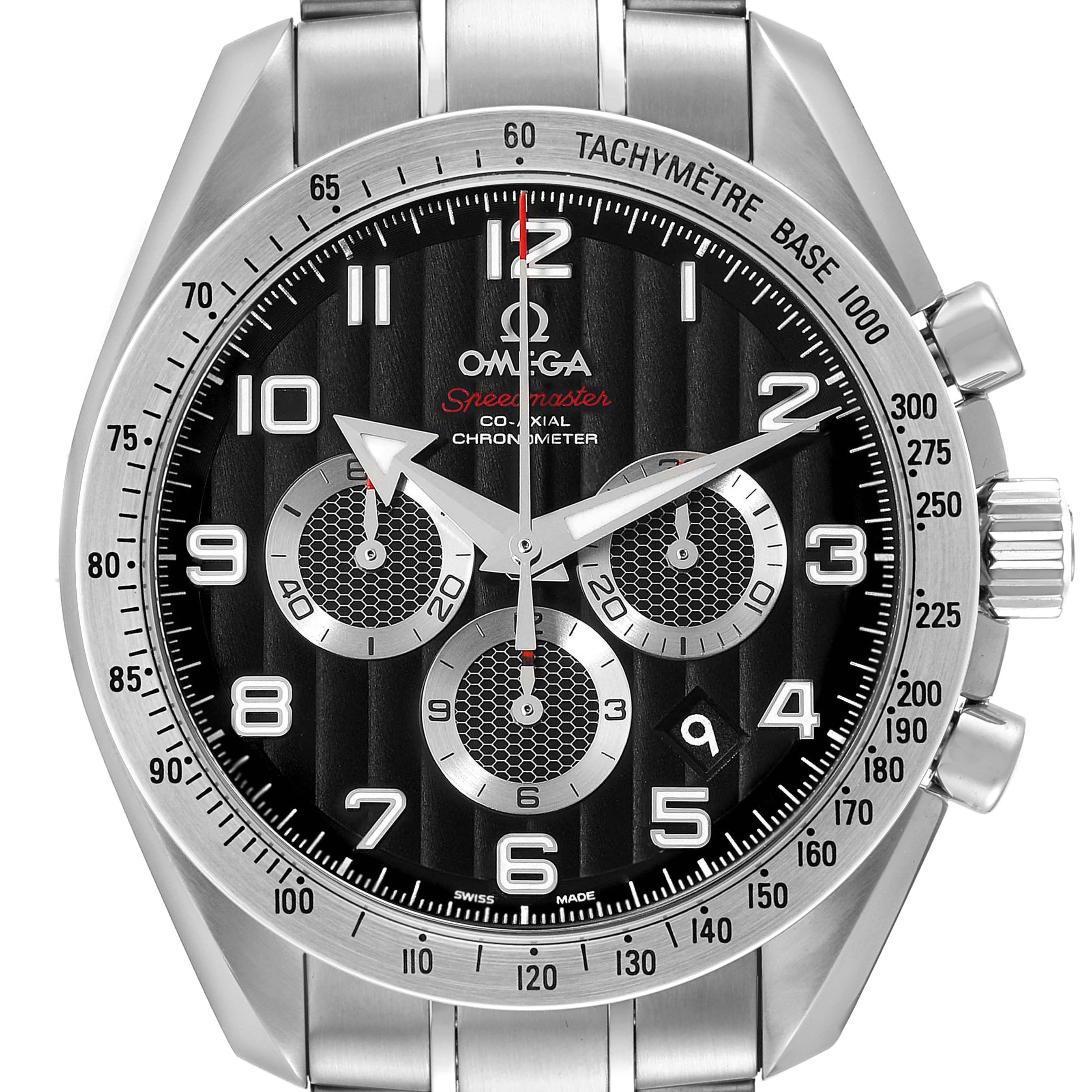 This image shows a front view of the Omega Speedmaster 321.10.44.50.01.001 Men's Stainless Steel Black Dial 321.10.44.50.01.001 Men's Stainless Steel Black Dial watch, displaying its dial, sub-dials, and tachymeter bezel.