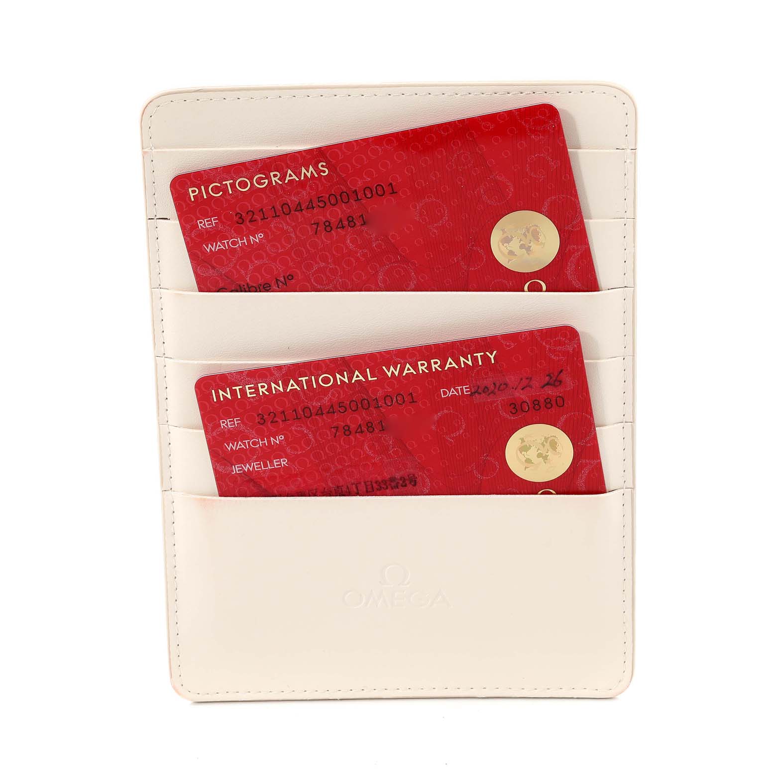 The image shows Omega Speedmaster 321.10.44.50.01.001 Men's Stainless Steel Black Dial 321.10.44.50.01.001 Men's Stainless Steel Black Dial's Pictograms and International Warranty cards in a white cardholder.