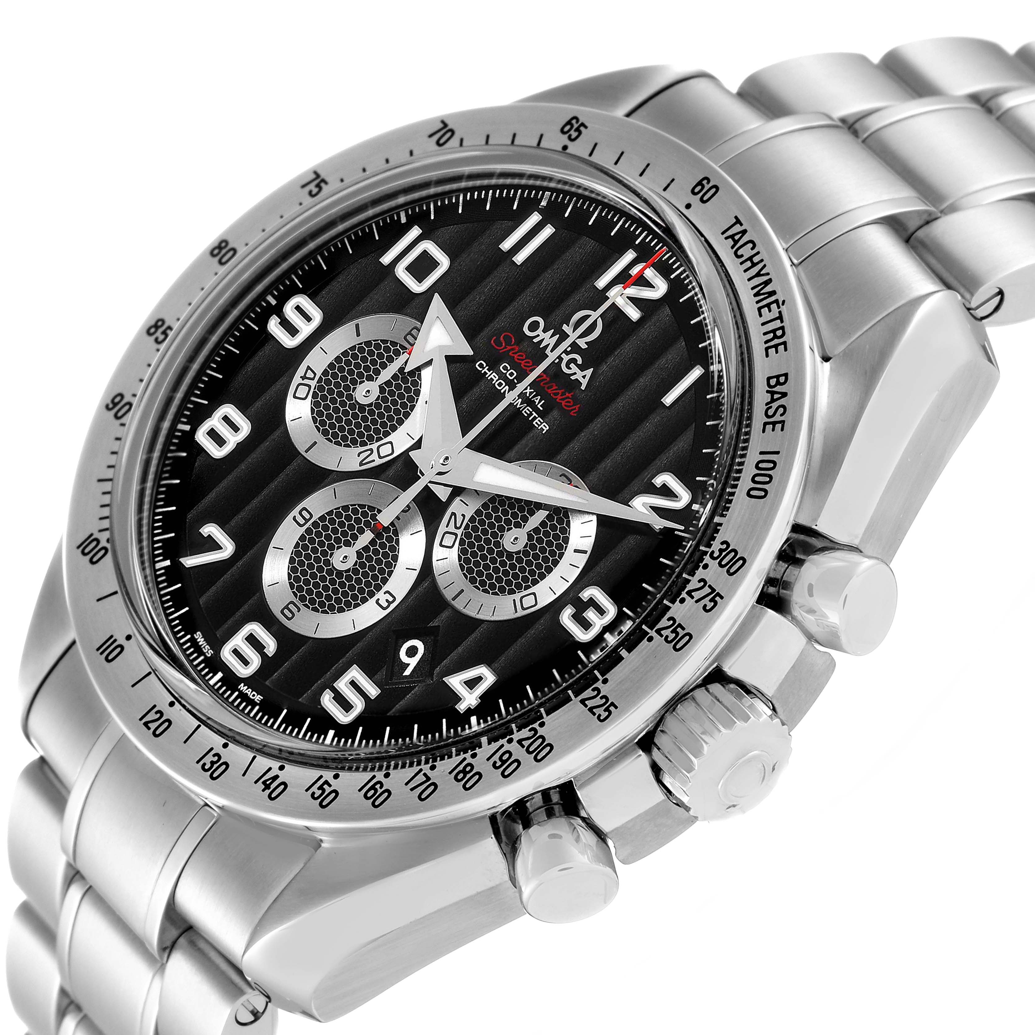 This image shows a close-up angled view of the Omega Speedmaster 321.10.44.50.01.001 Men's Stainless Steel Black Dial 321.10.44.50.01.001 Men's Stainless Steel Black Dial watch, focusing on the dial, bezel, crown, and bracelet.